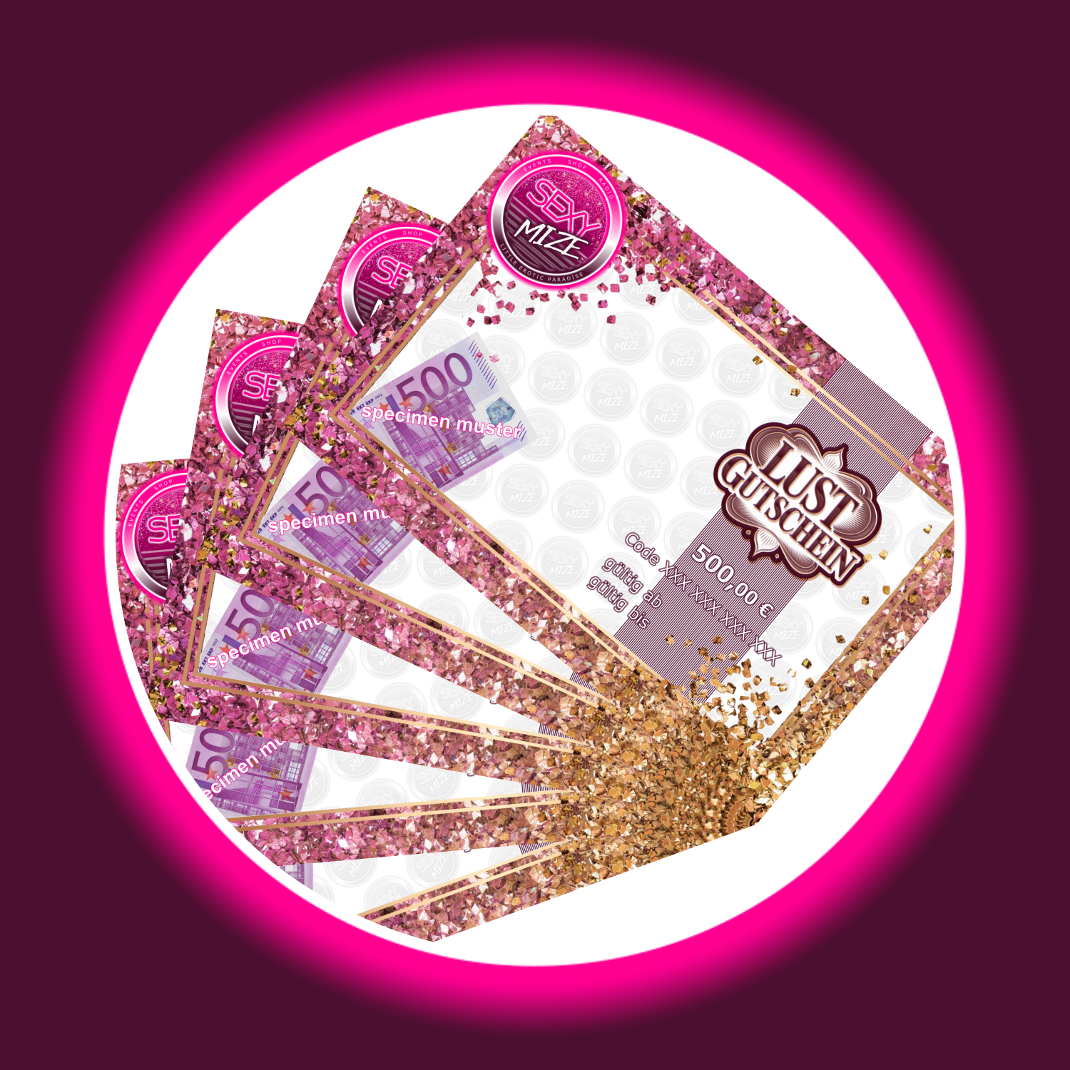 pinke goldene rechteckige Gutscheine von Sexymize, mit Abbildung des Wertes 500 Euro
