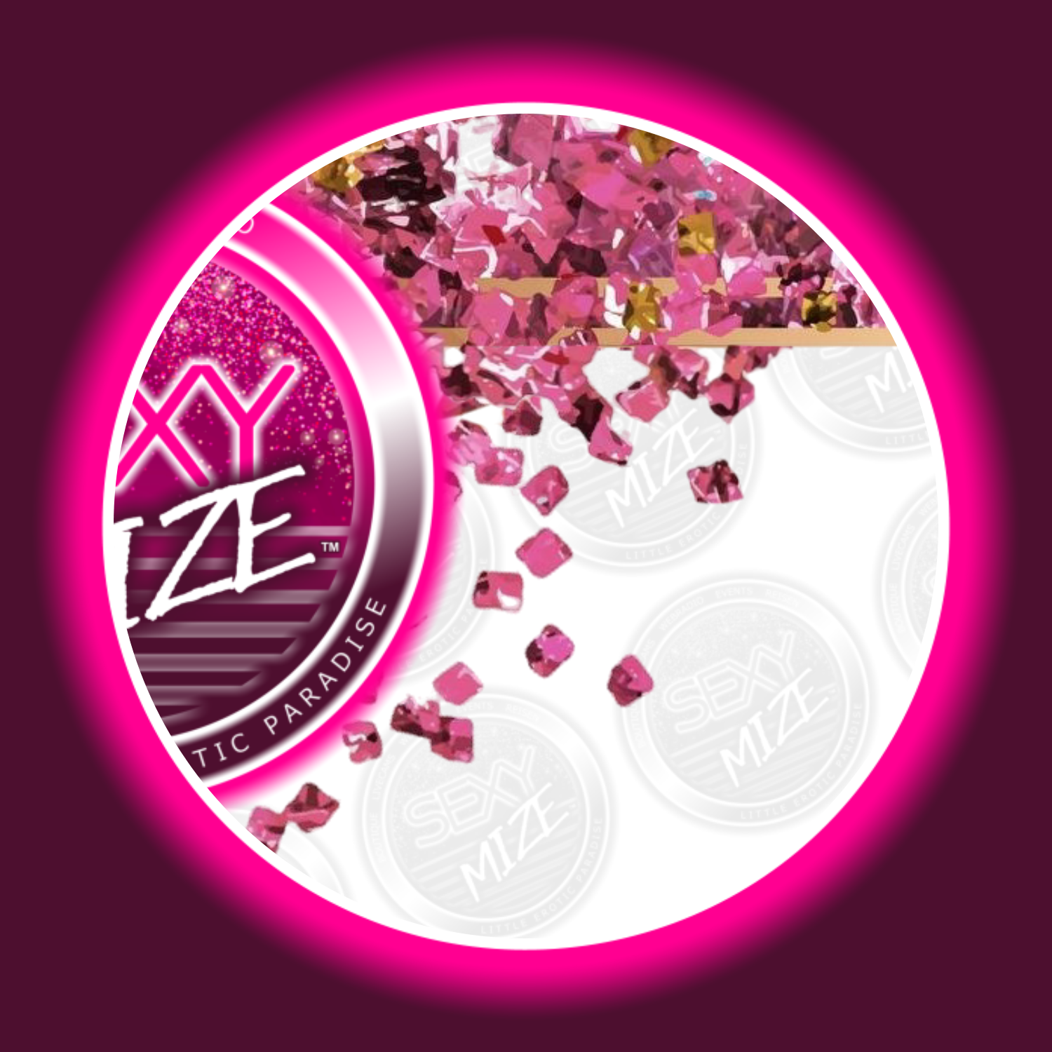 Detailansicht des Gutscheins von Sexymize mit Teilen des Logos und Abbildung von pinken Flakes