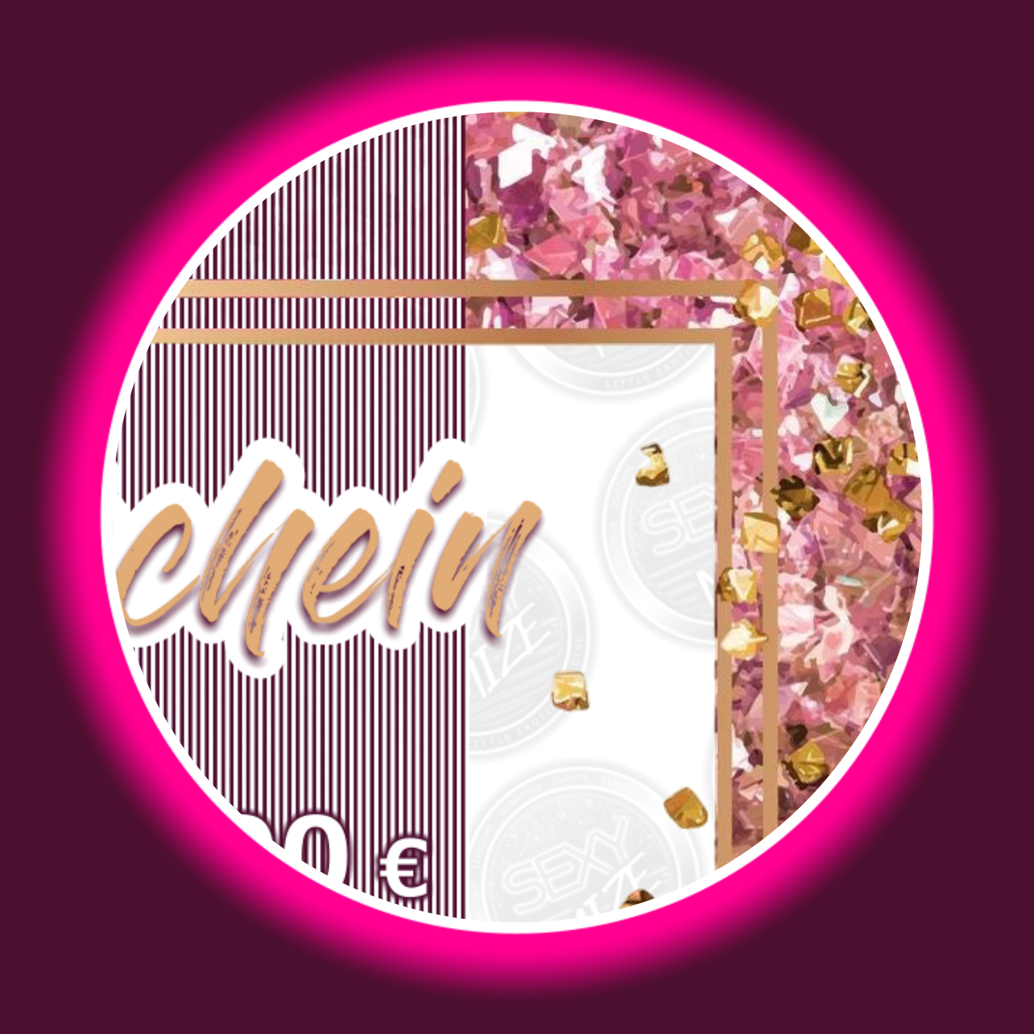 Detailansicht des Gutscheins von Sexymize mit Abbildung von pinken Flakes und zahlreichen Linien