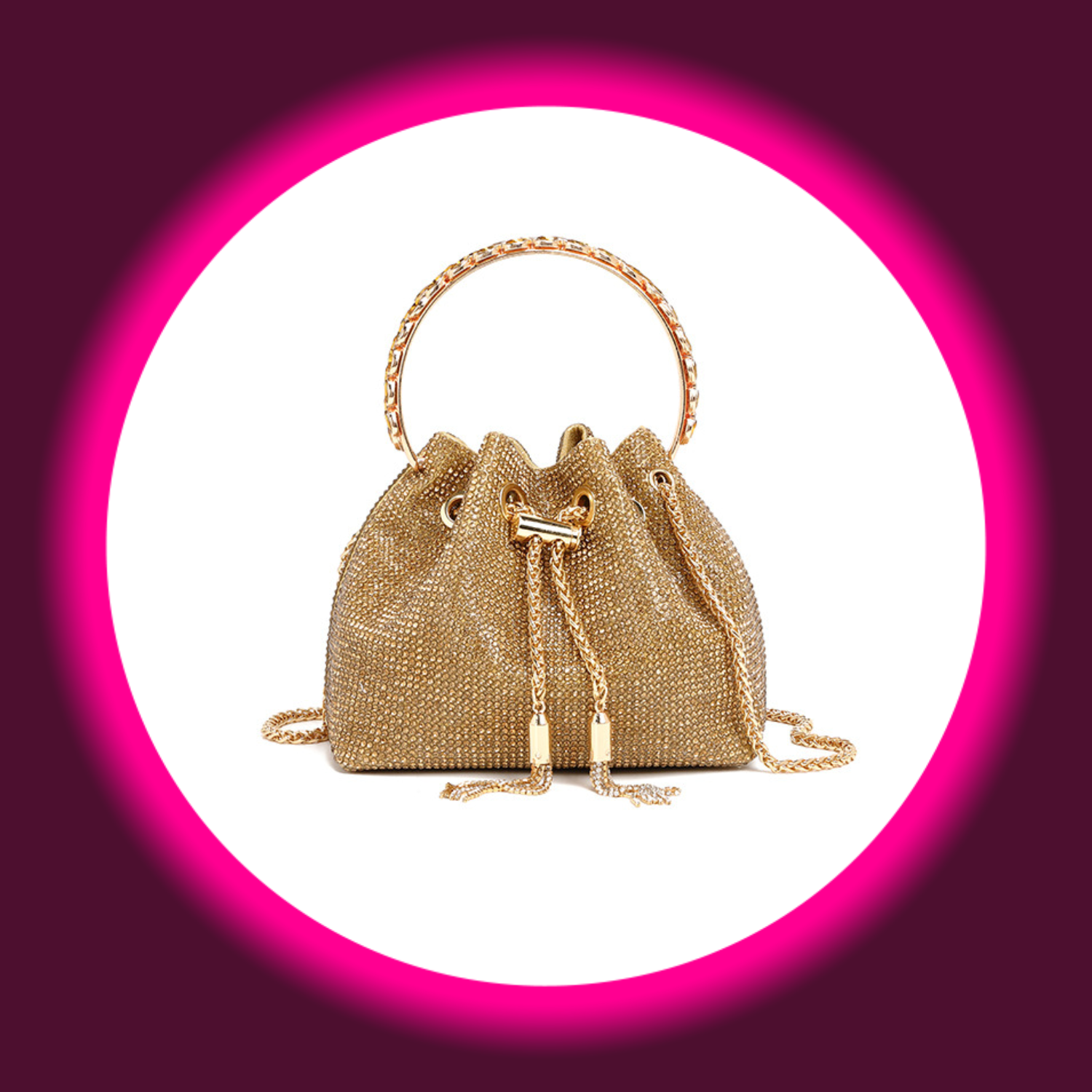 goldene kleine Handtasche mit rundem Tragegriff und Kordelzug, komplett mit Straßsteinen besetzt, von Sexymize