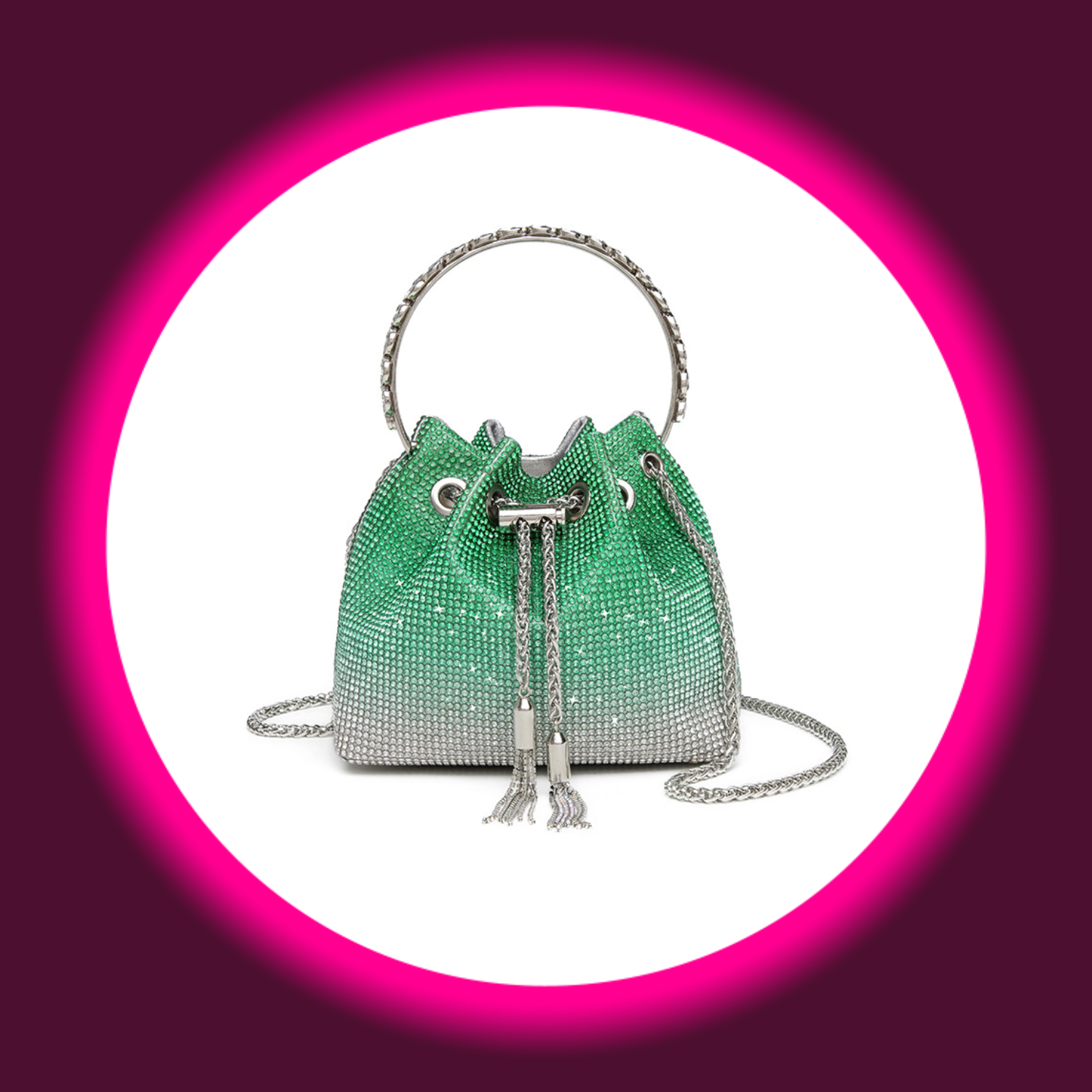 grüne kleine Handtasche mit silbernem rundem Tragegriff und silbernem Kordelzug, komplett mit Straßsteinen besetzt, von Sexymize