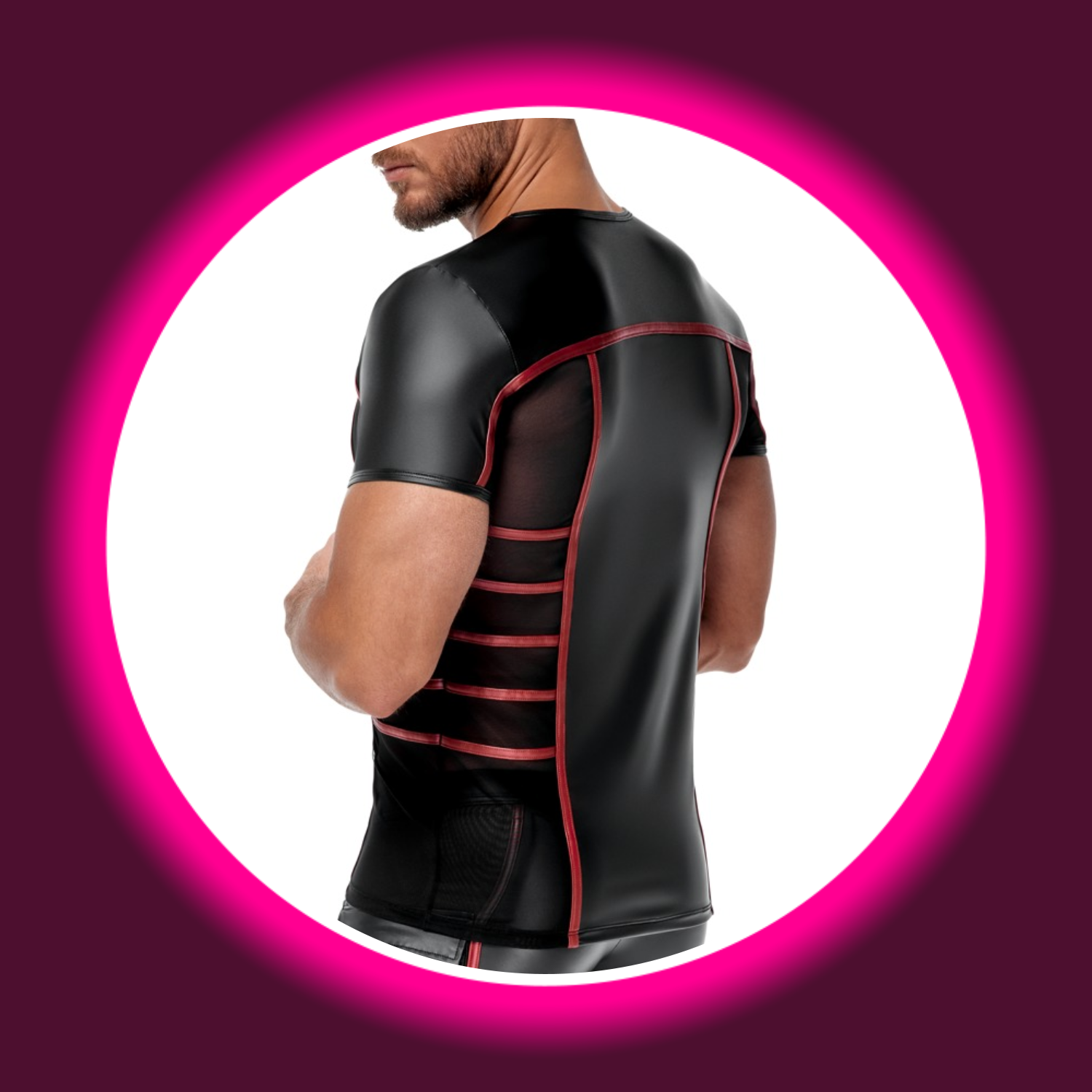 Rückansicht eines engen Shirts mit kurzen Ärmeln in schwarz mit roten Streifen von NEK