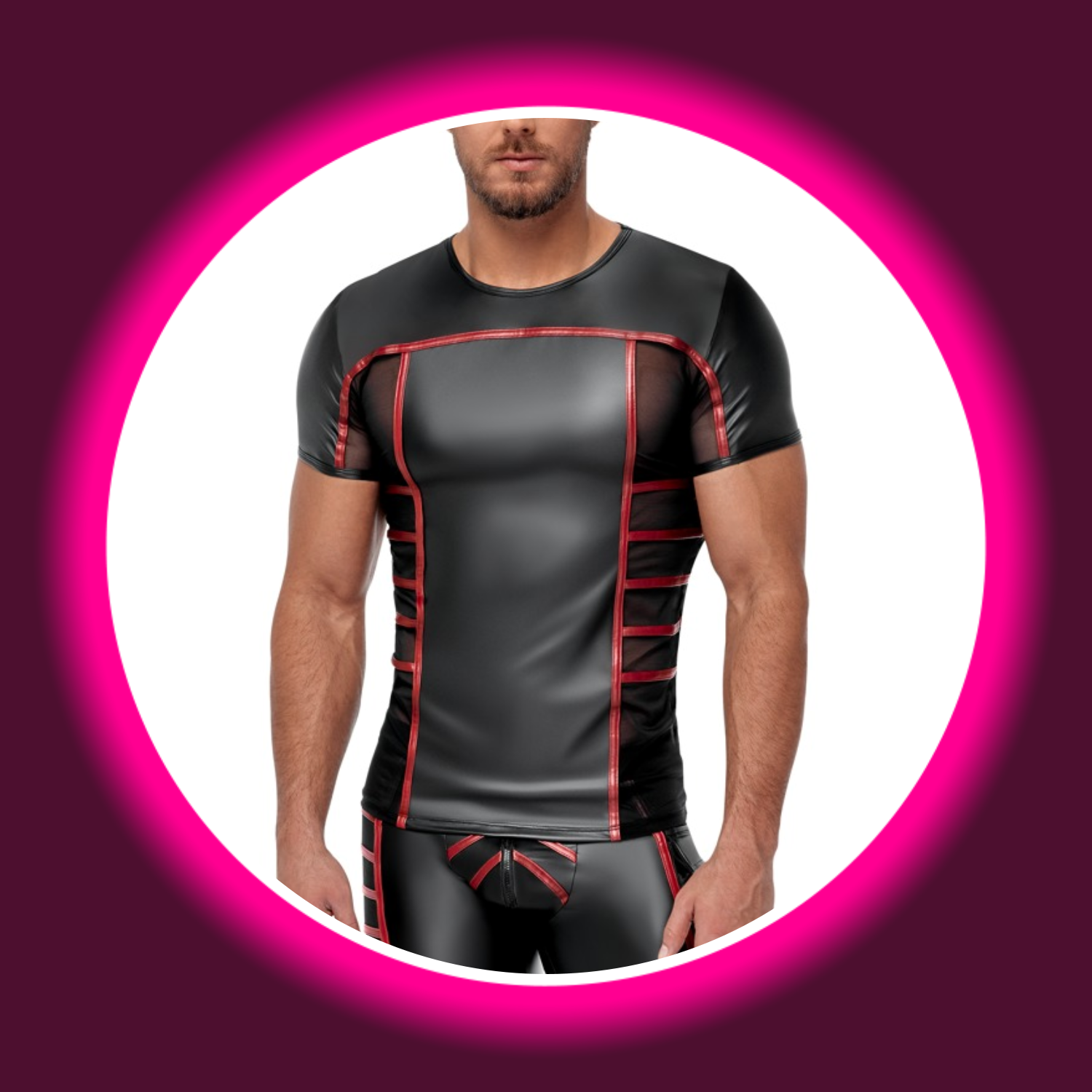 Frontansicht eines engen Shirts mit kurzen Ärmeln in schwarz mit roten Streifen von NEK