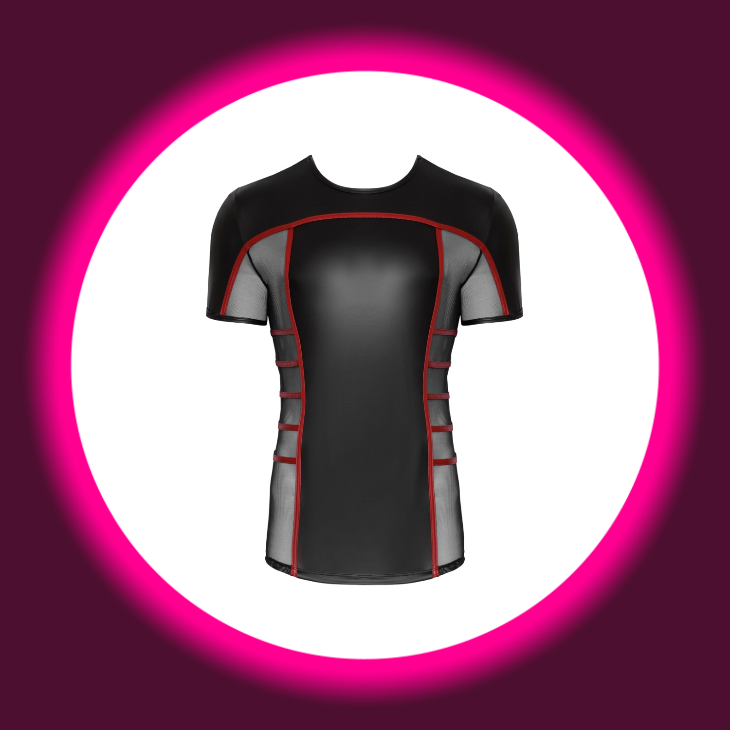 Frontansicht eines engen Shirts mit kurzen Ärmeln in schwarz mit roten Streifen von NEK