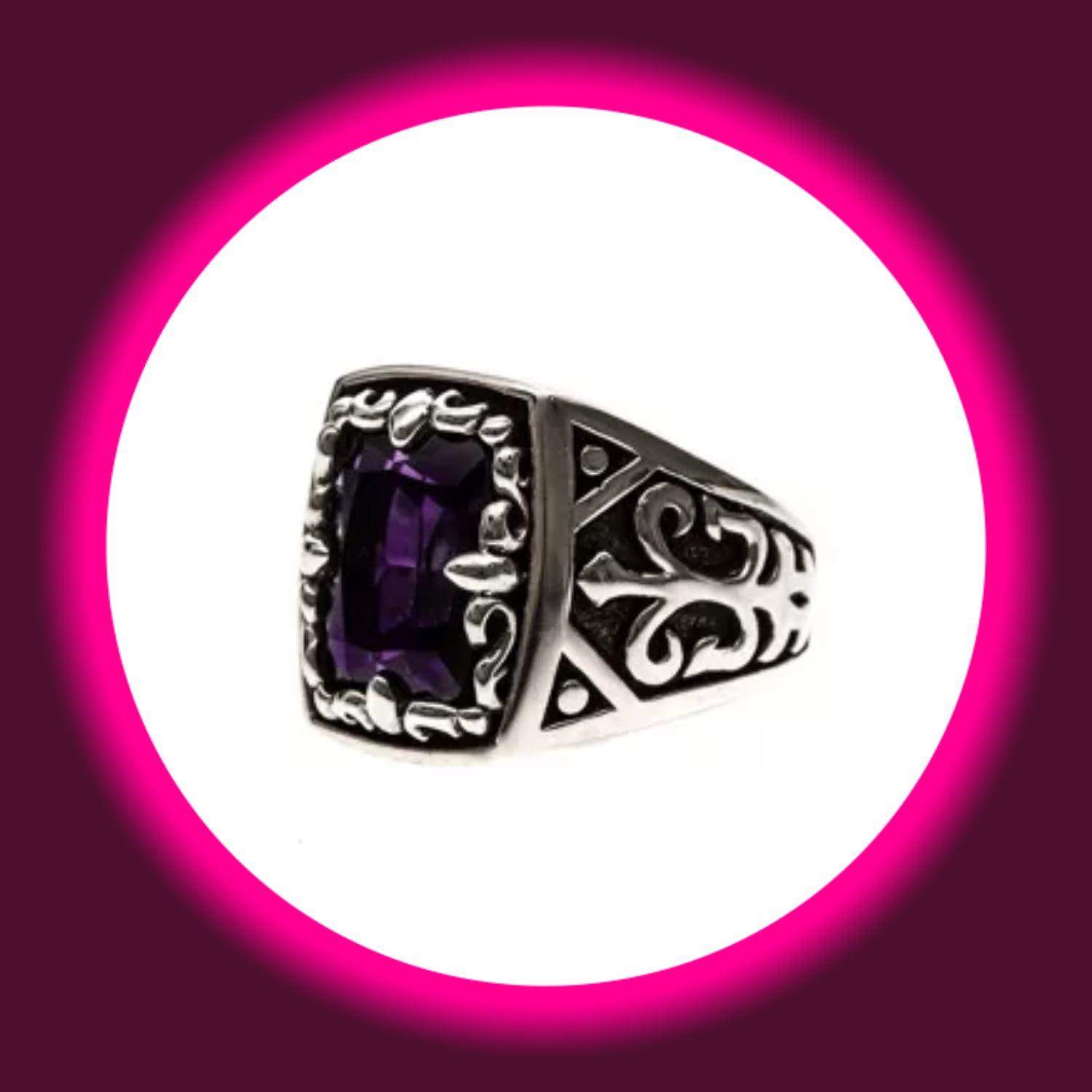 seitliche Ansicht Siegelring aus 925 Sterling Silber mit violettem Zirkonia und königlichen Zeichen