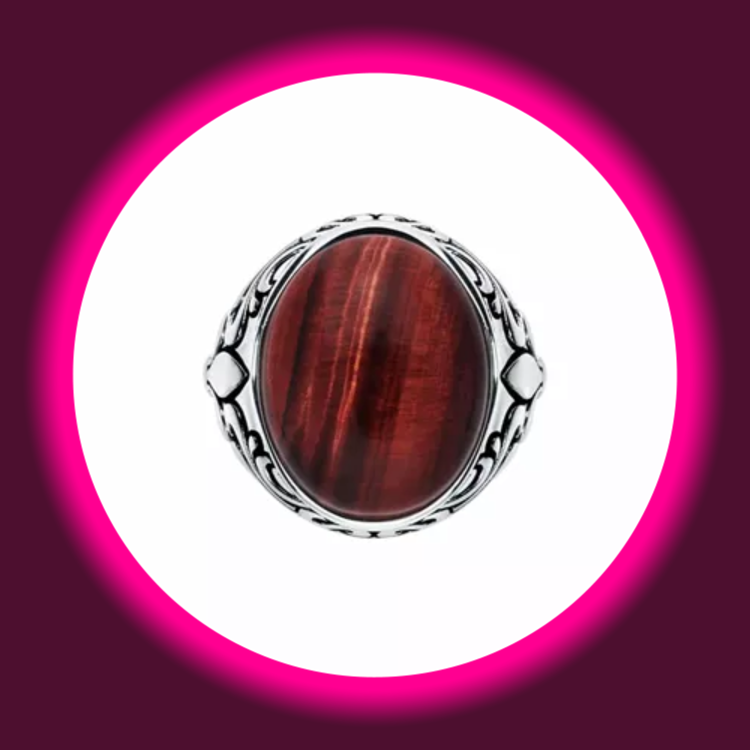 Frontansicht breiter Siegelring 925 Sterling Silber mit rotem Tigerauge und königlichen Zeichen