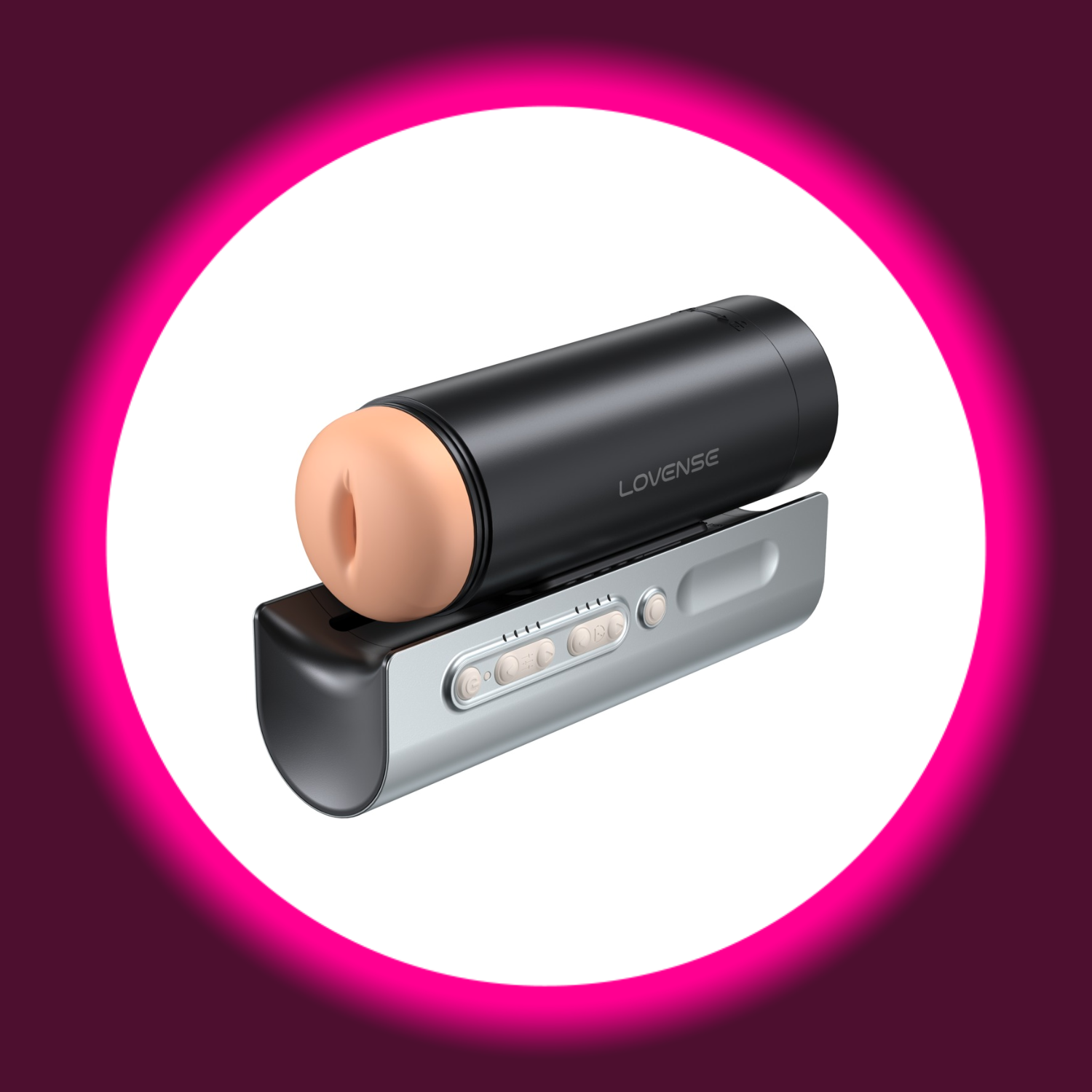 Winkelansicht schwarzer Masturbator mit silberner Halterung und hautfarbener Innensleeve, Lovense Solace Pro
