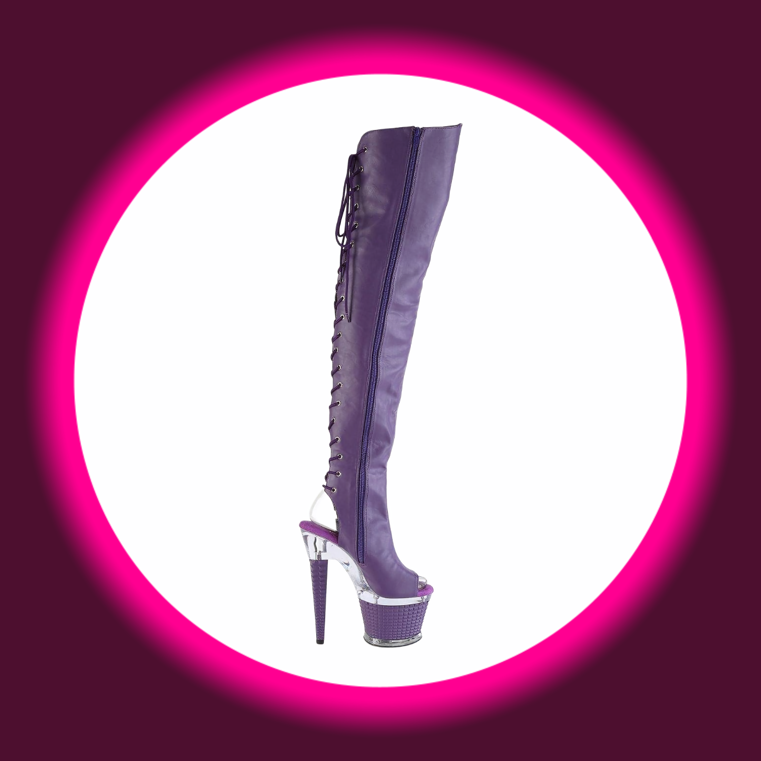 seitliche Ansicht violette Plateau-Overknees mit hohem Absatz, Reißverschluss und Schnürung, Pleaser Spectator 3030