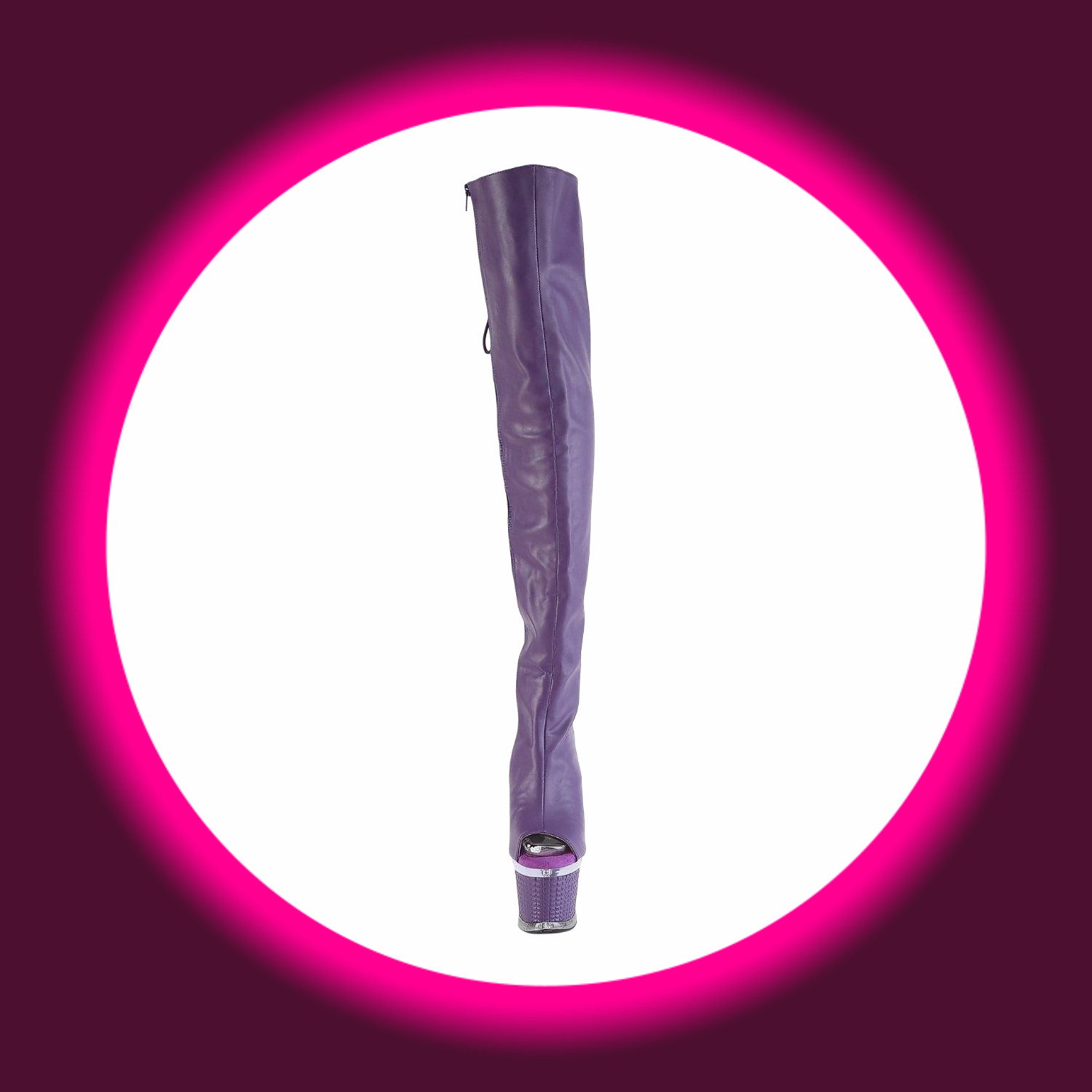 Frontansicht violette Plateau-Overknees mit hohem Plateau und offenen Zehen, Pleaser Spectator 3030