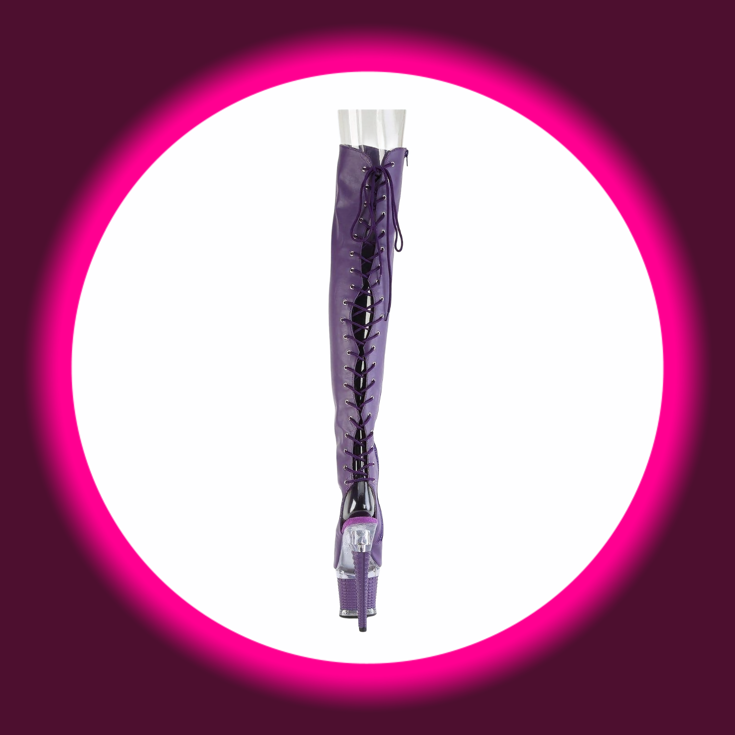Rückansicht violette Plateau-Overknees mit hohem Absatz und Schnürung, Pleaser Spectator 3030