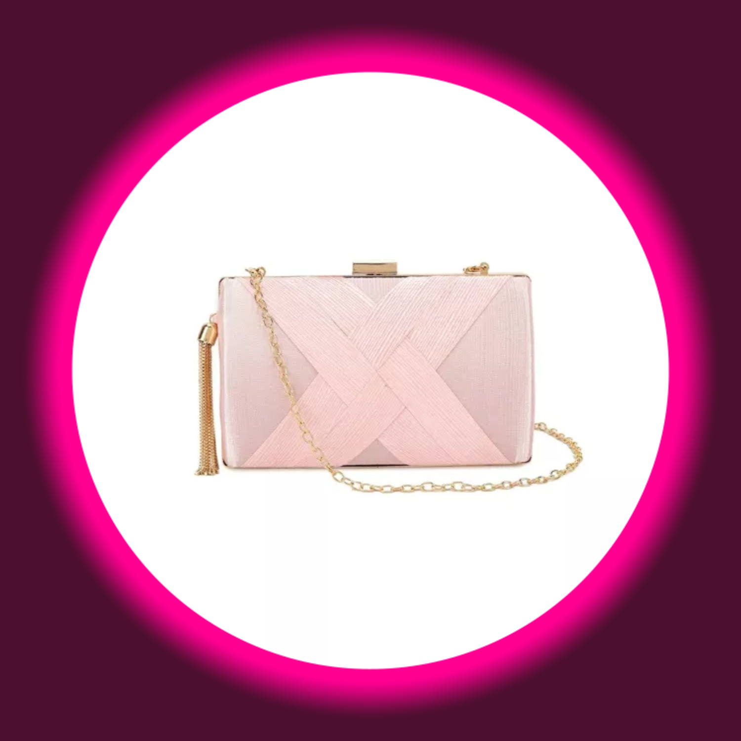 Frontansicht rosa Clutch mit Flechtdesign und Quasten, goldene Kette, Aftershock London