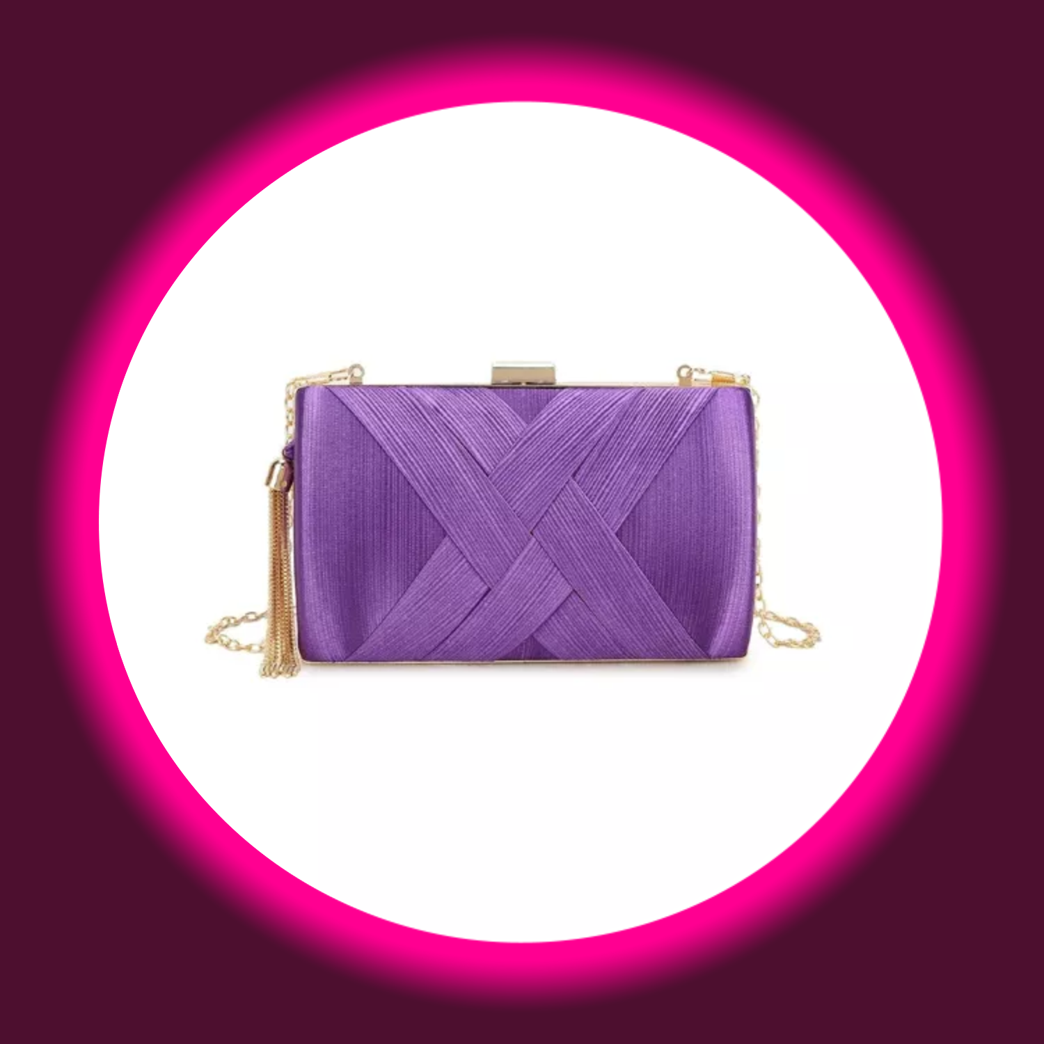 Frontansicht lila Clutch im Flechtdesign, mit Quasten und goldener Kette, Aftershock London