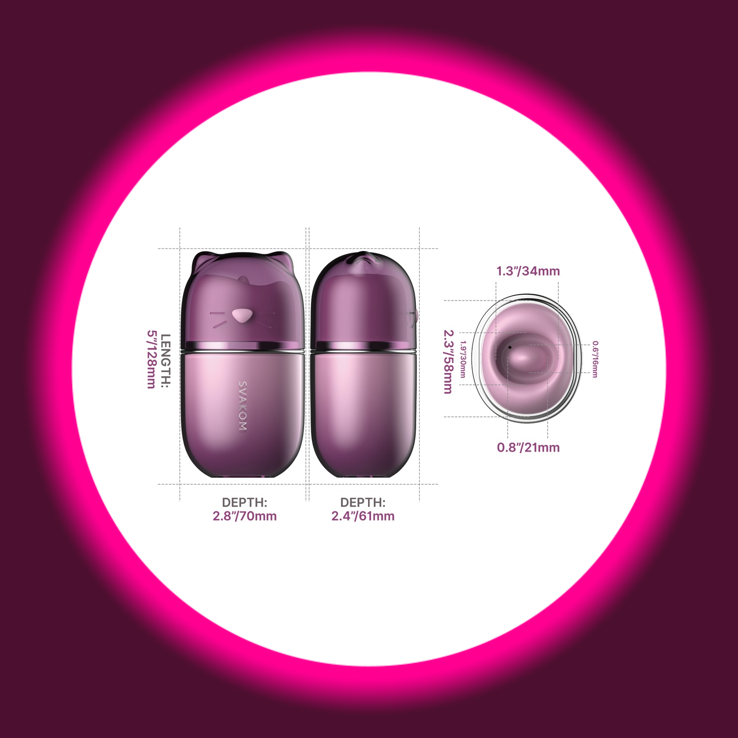 Maße des violetten Auflegevibrators Klitty mit Leckzunge, von Svakom