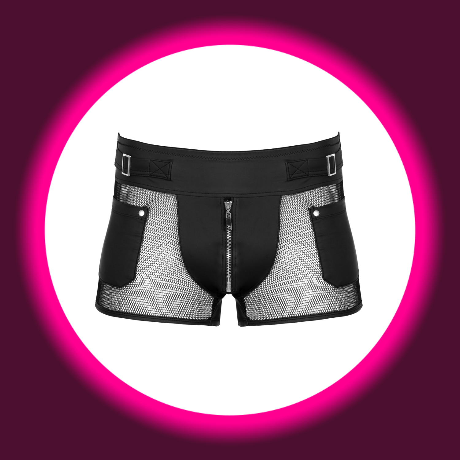 Frontansicht Svenjoyment Pants Herren schwarz – Wetlook mit transparentem Netz, Reißverschluss und Nieten-Details