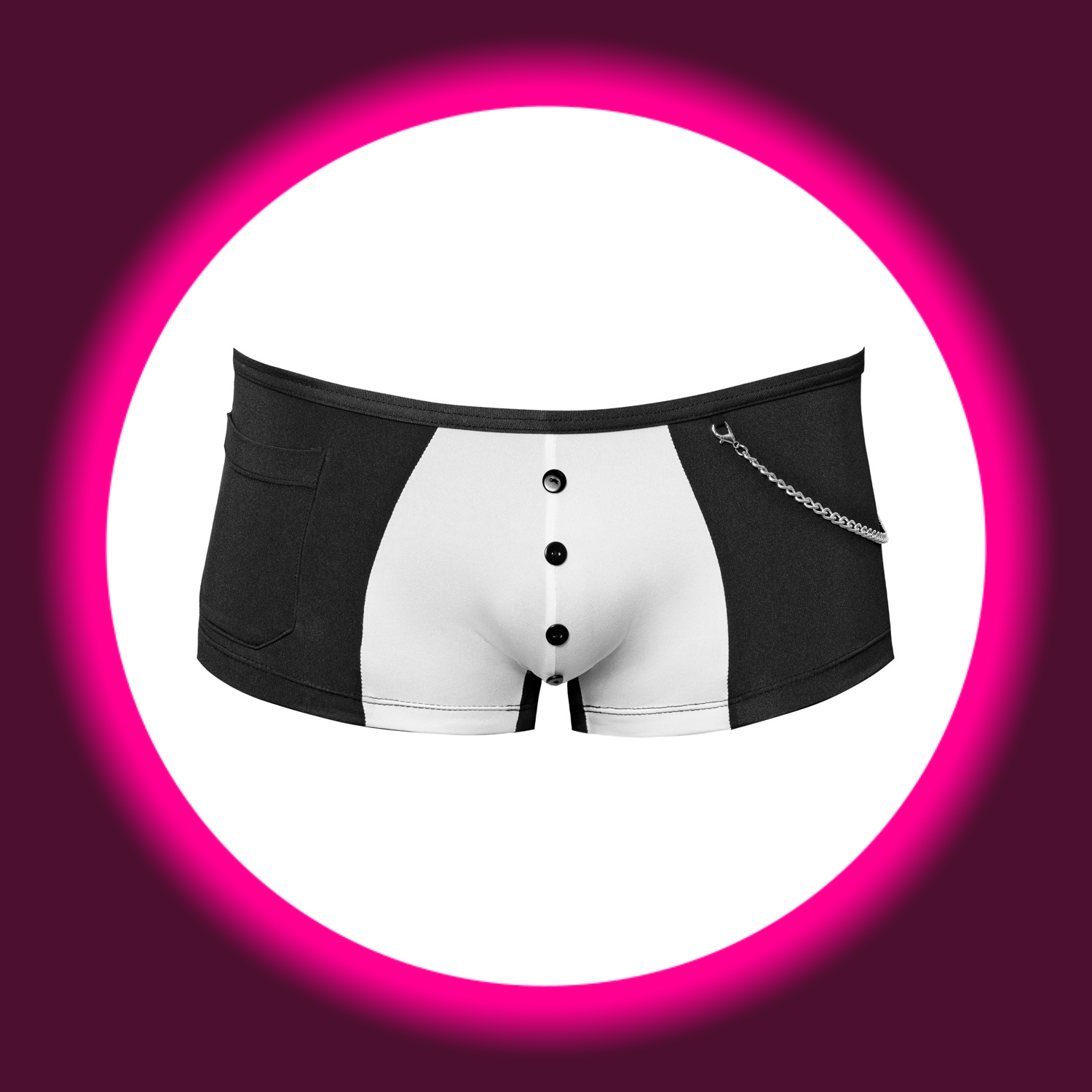 Frontansicht enge schwarz-weiße Pants mit Zierknöpfen und Zierkette, Svenjoyment