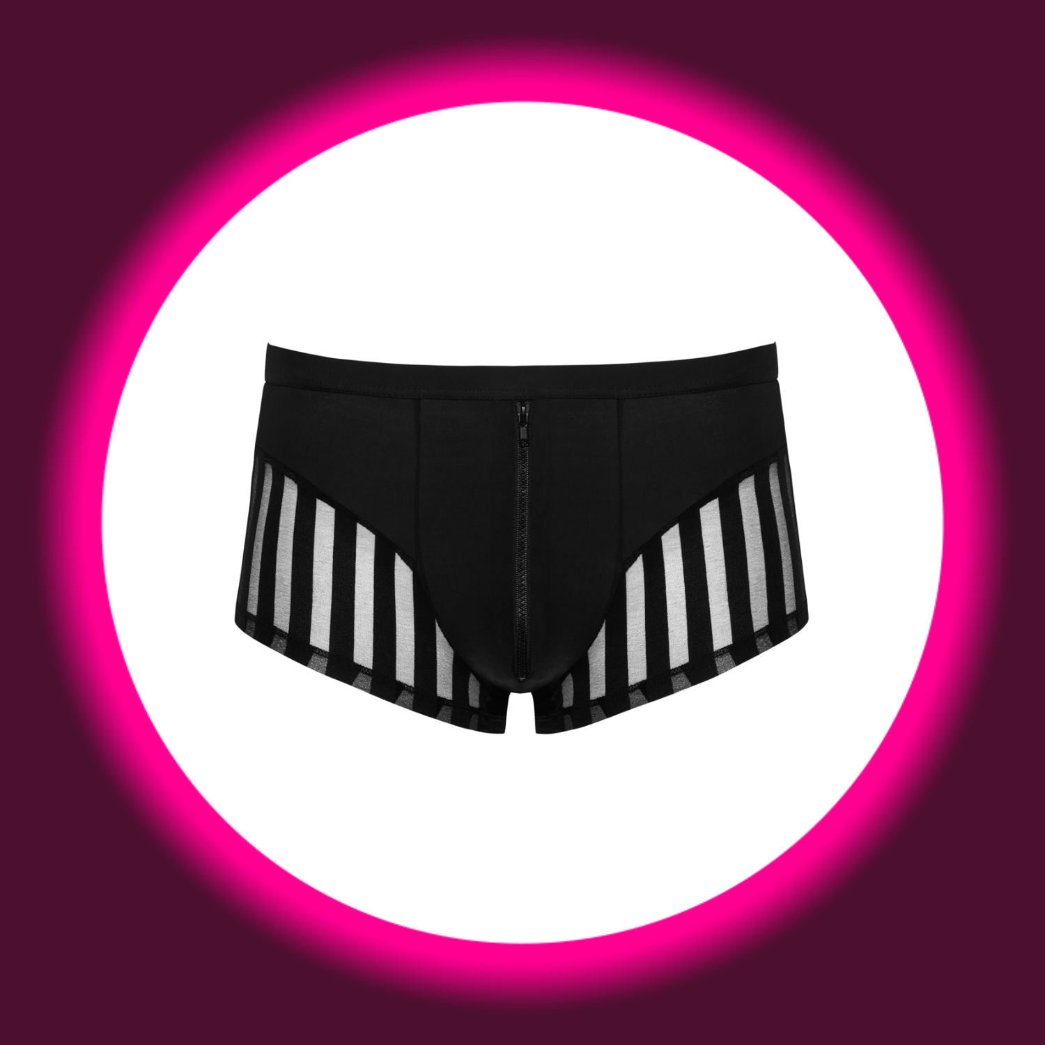 Frontansicht schwarze Pants von Svenjoyment, mit Reißverschluss und Streifeneinsätzen