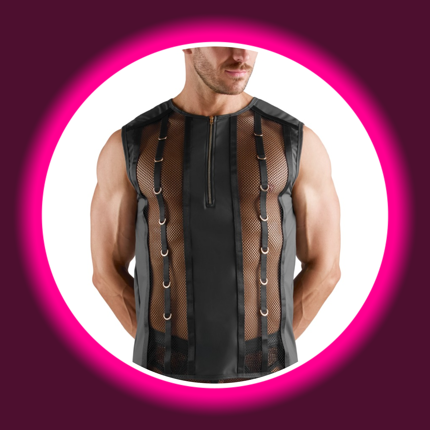 Svenjoyment Shirt FRANCESCO für Herren – Frontansicht am Model, schwarzes ärmelloses Shirt mit Netzmaterial, Wetlook und goldfarbenem Front-Reißverschluss