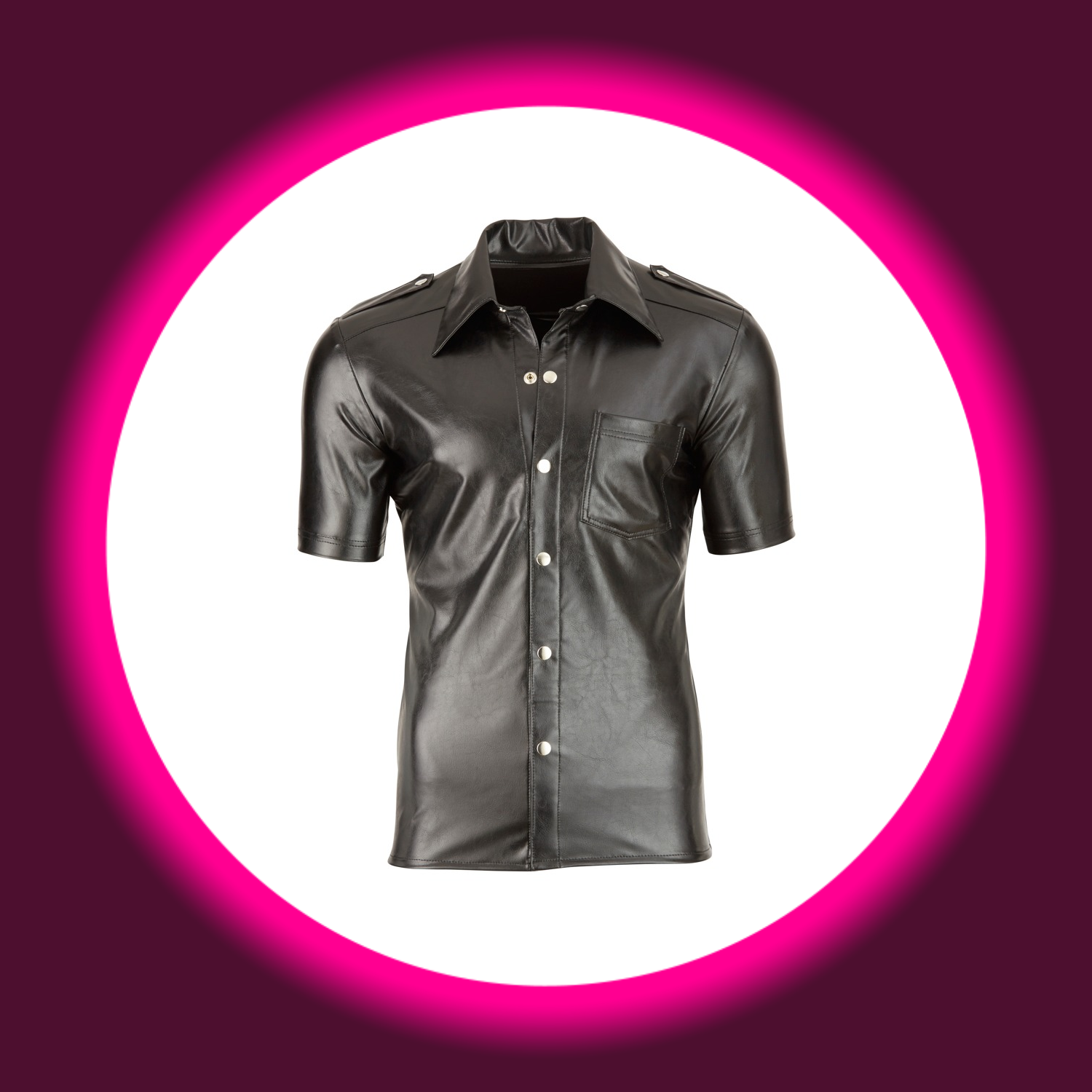 schwarzes glänzendes Hemd mit Kragen, Druckknopfleiste und Brusttasche, Svenjoyment