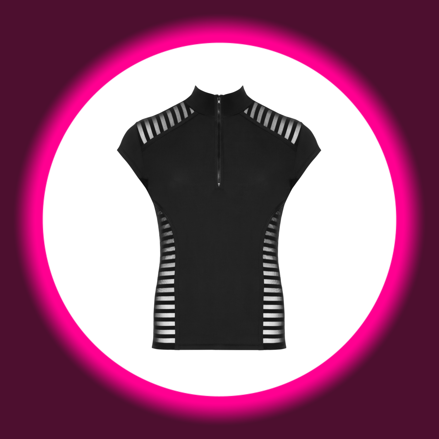 Frontansicht schwarzes enges Shirt von Svenjoyment mit Streifeneinsätzen und Reißverschluss