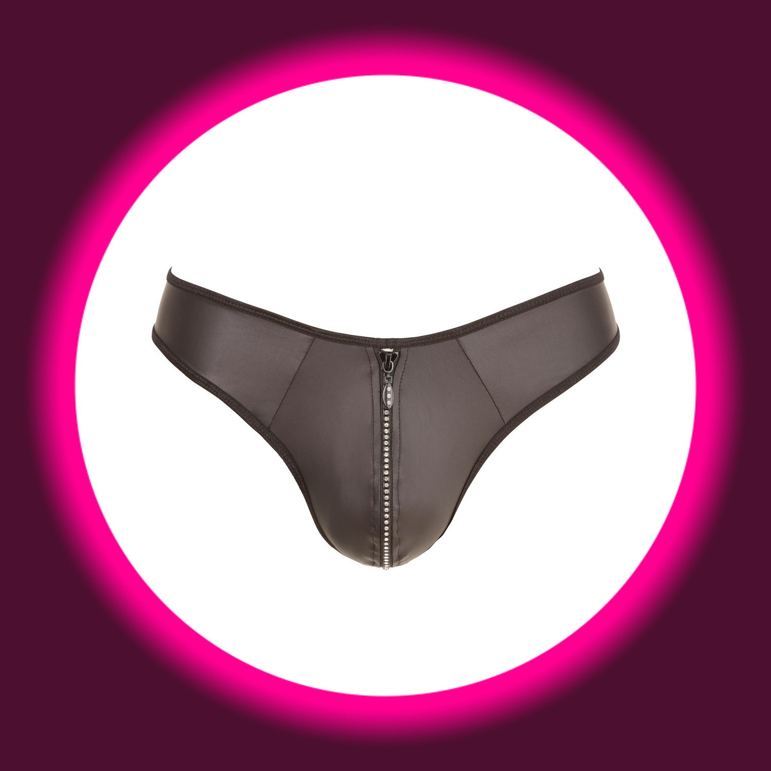 Frontansicht schwarzer String in Neopren-Optik, mit Reißverschluss, Svenjoyment