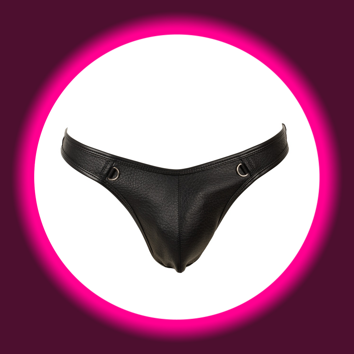 Svenjoyment String PARKER schwarz freistehend – Frontansicht Riostring aus Lederimitat mit zwei silbernen D-Ringen, Kette abgenommen