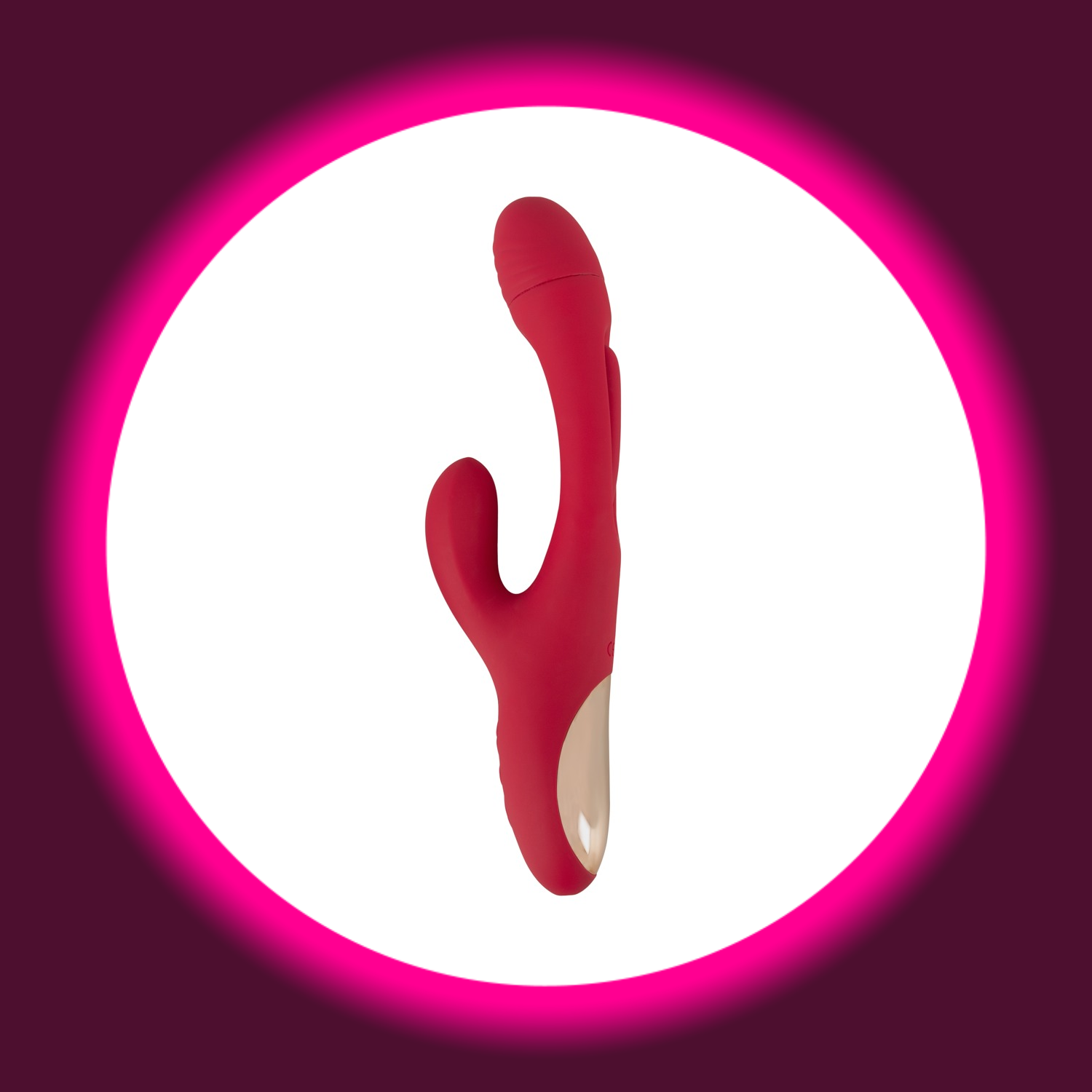 seitliche Ansicht roter Rabbitvibrator mit Zunge, von Sweet Smile