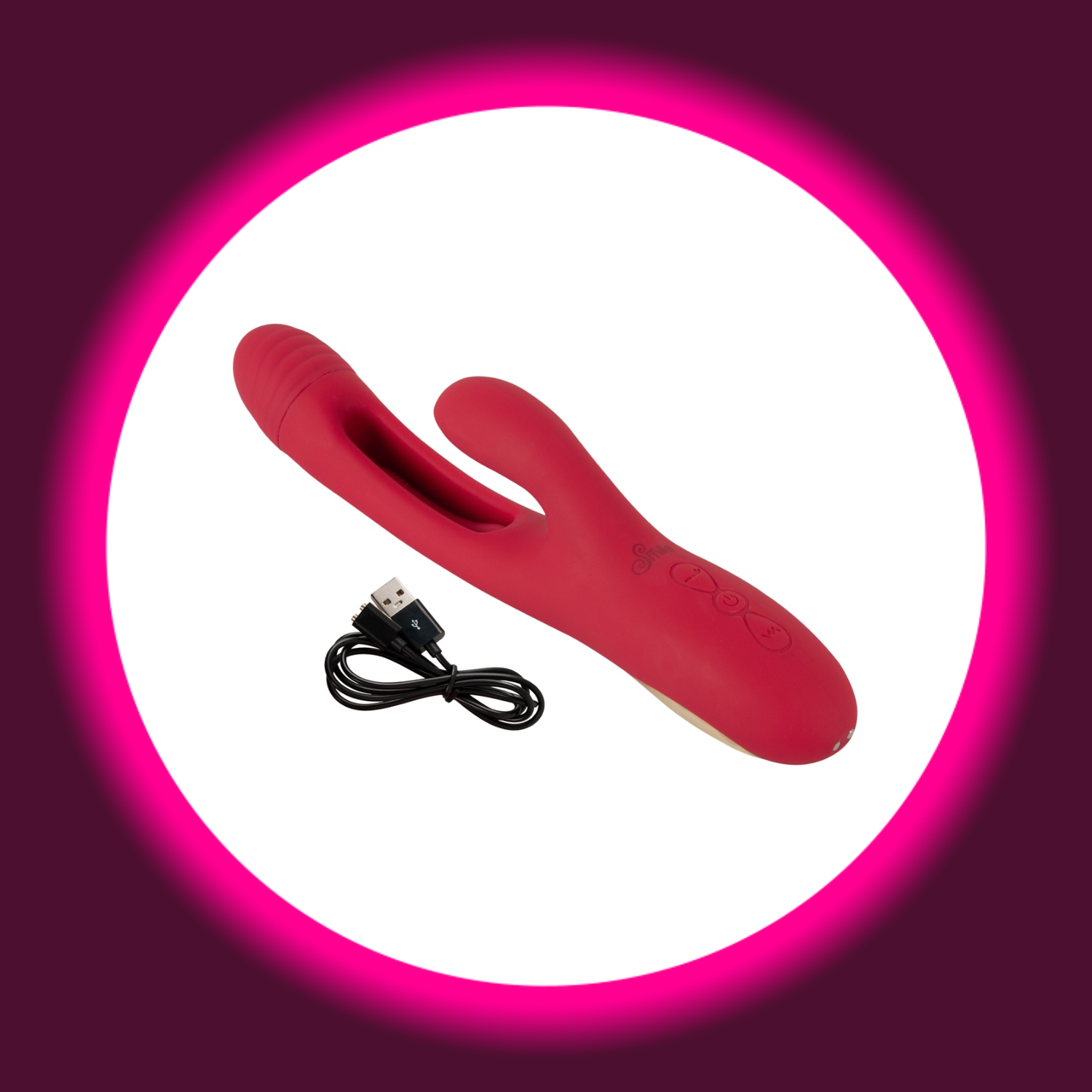 roter Rabbitvibrator mit Zunge mit daneben liegendem USB-Ladekabel, von Sweet Smile