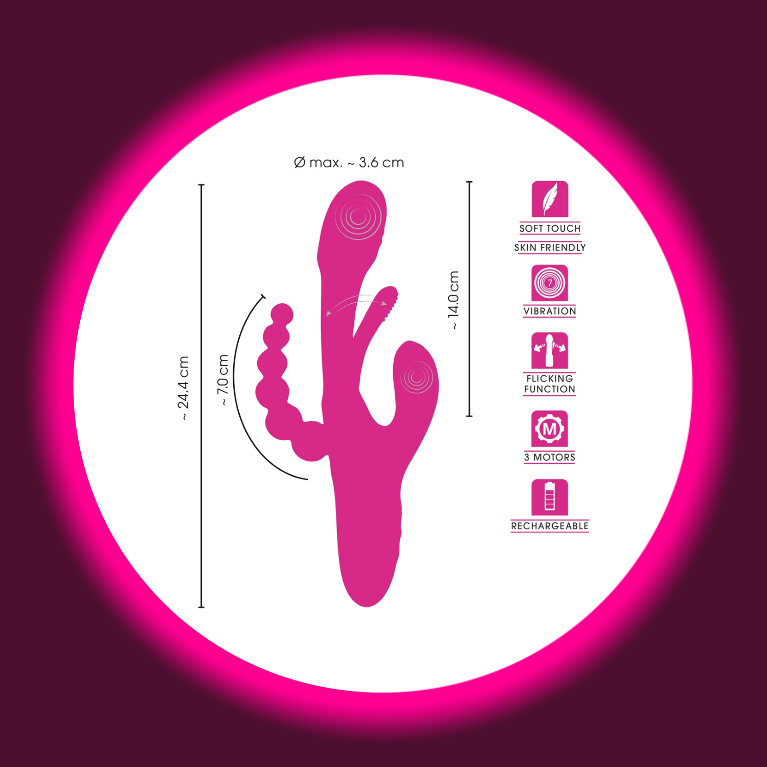 Maße und Funktionen des pinken Triple Vibrators mit Zunge und Anal-Kugelstimulator, von Sweet Smile