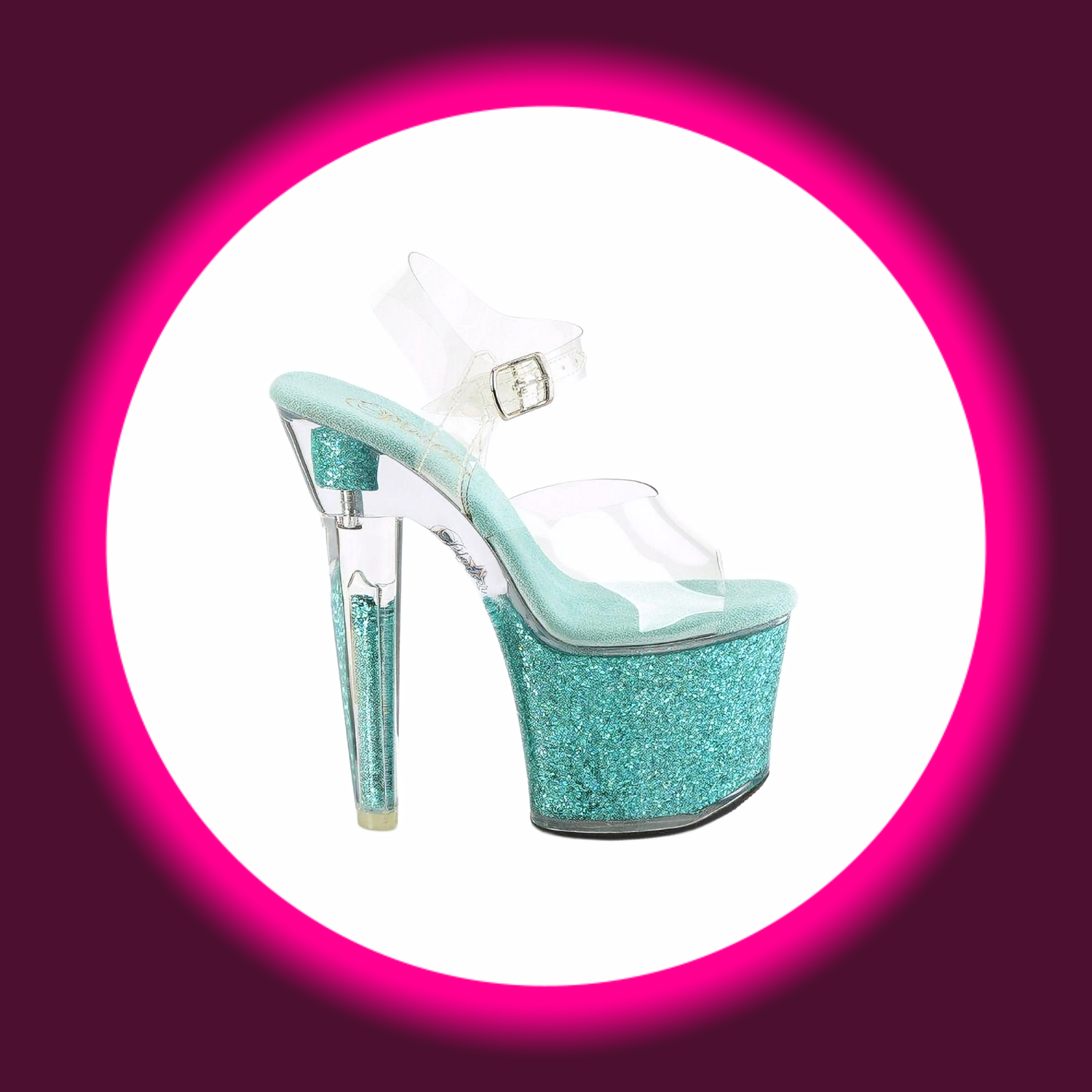 seitliche Ansicht auf eine glitzernde türkis farbene Sandalette bzw. High Heels mit transparenten Riemen