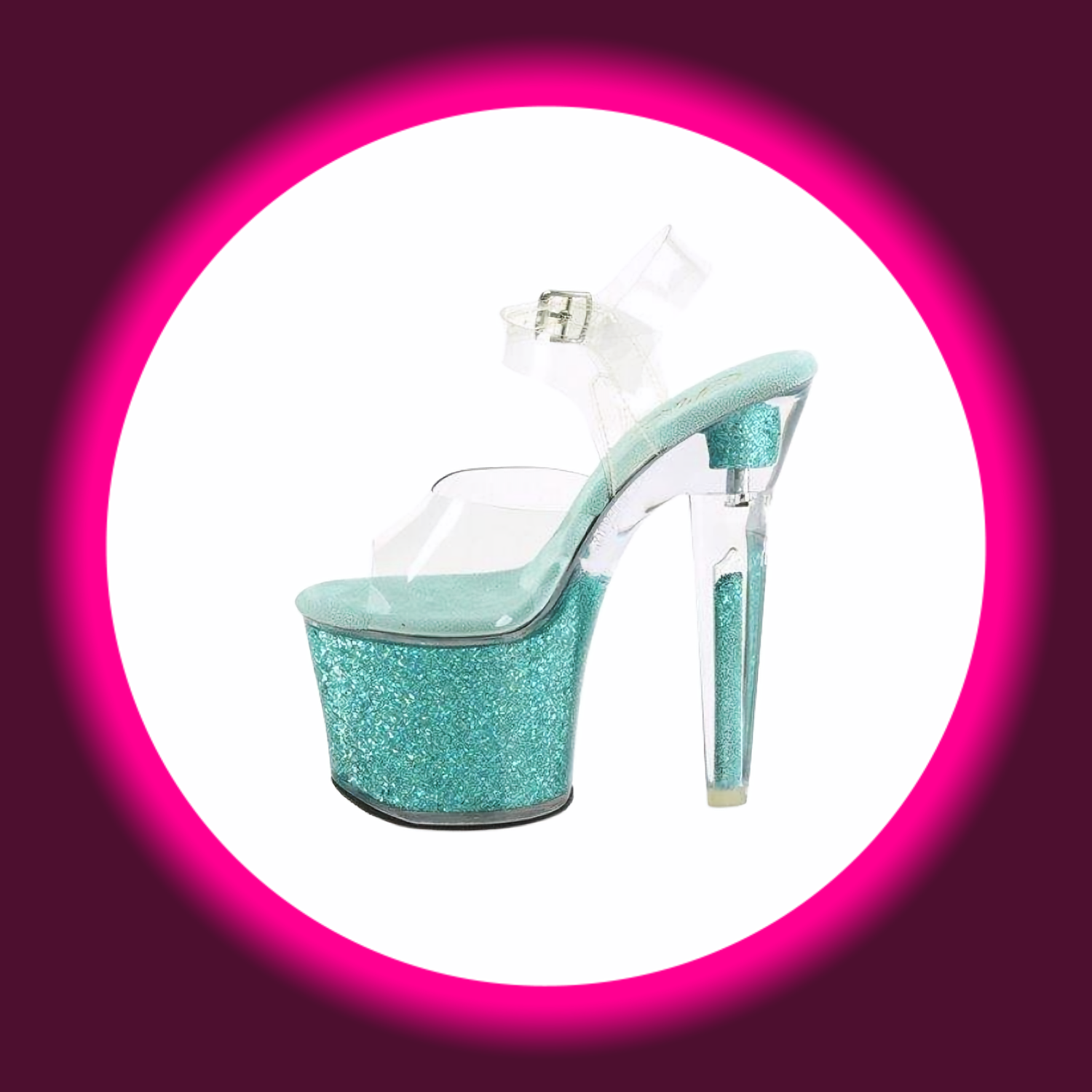 seitliche Ansicht auf eine glitzernde türkis farbene Sandalette bzw. High Heels mit transparenten Riemen