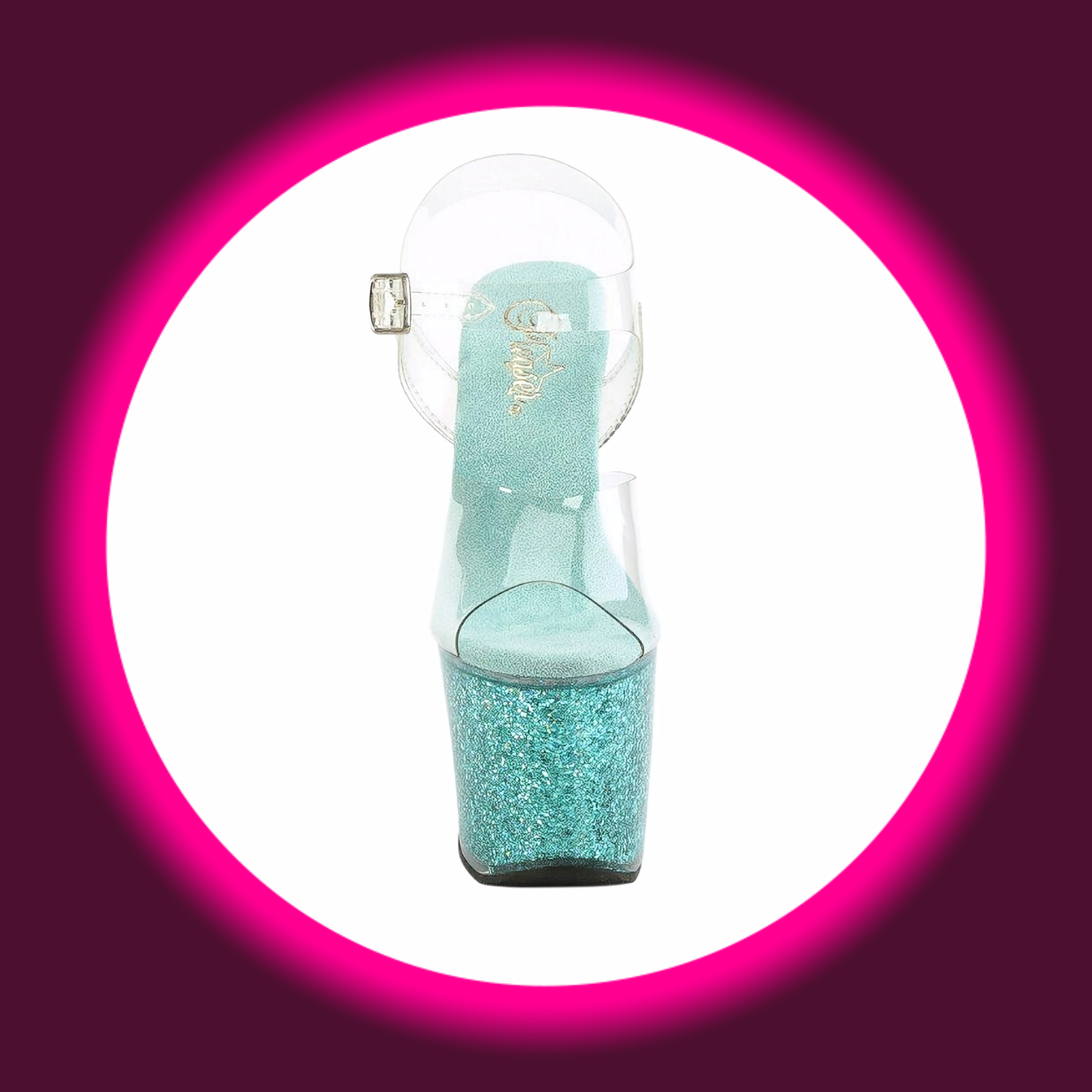 Frontansicht auf eine glitzernde türkis farbene Sandalette bzw. High Heels mit transparenten Riemen