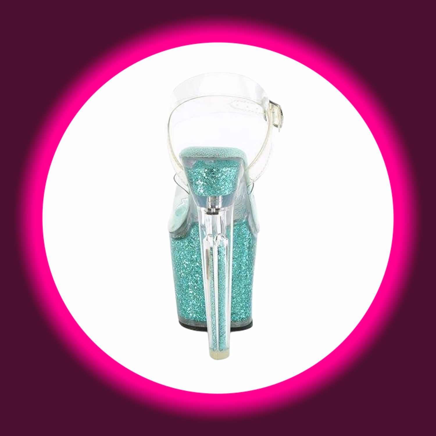Rückansicht auf eine glitzernde türkis farbene Sandalette bzw. High Heels mit transparenten Riemen