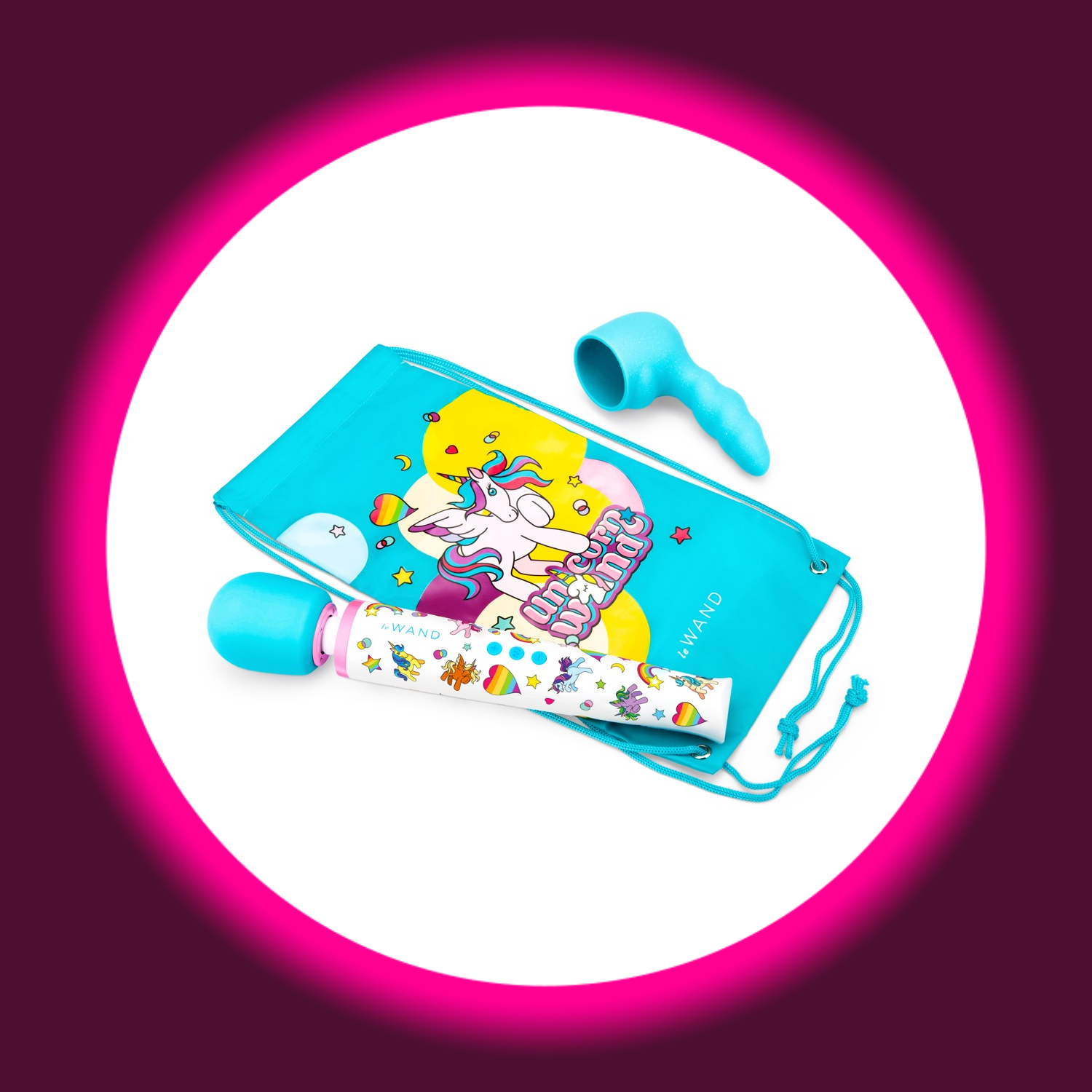 bunter Massagestab Wand Vibrator unicorn mit Aufbewahrungsbeutel und Aufsatz von Le Wand