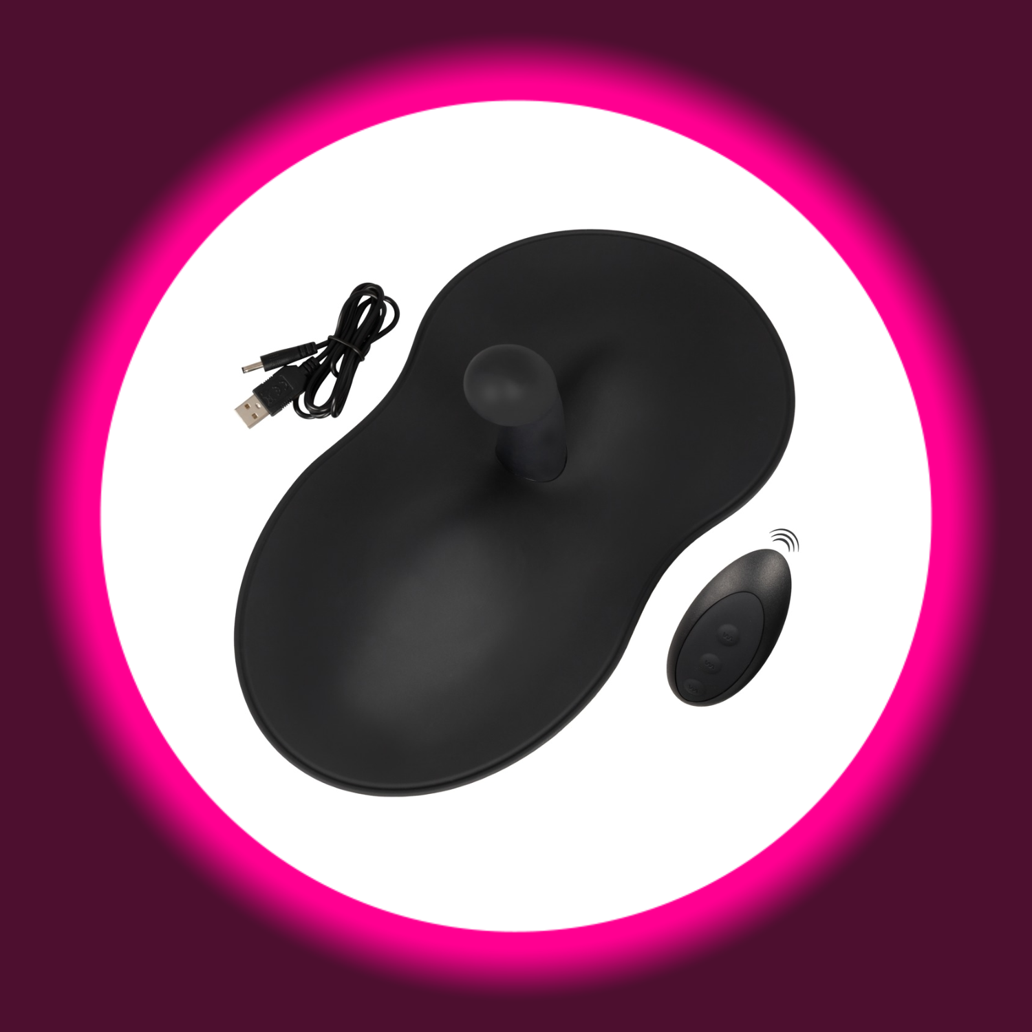 schwarzes Vibepad 3 Vibrokissen mit G-Punkt-Vibrator und Vibrohügeln, daneben USB-Ladekabel und Fernbedienung