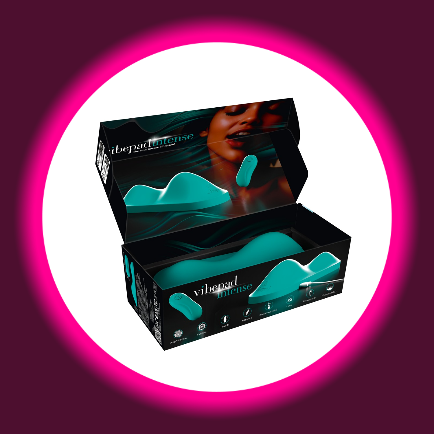 offene schwarze Produktverpackung des türkisfarbenen Vibrokissen Vibepad Intense