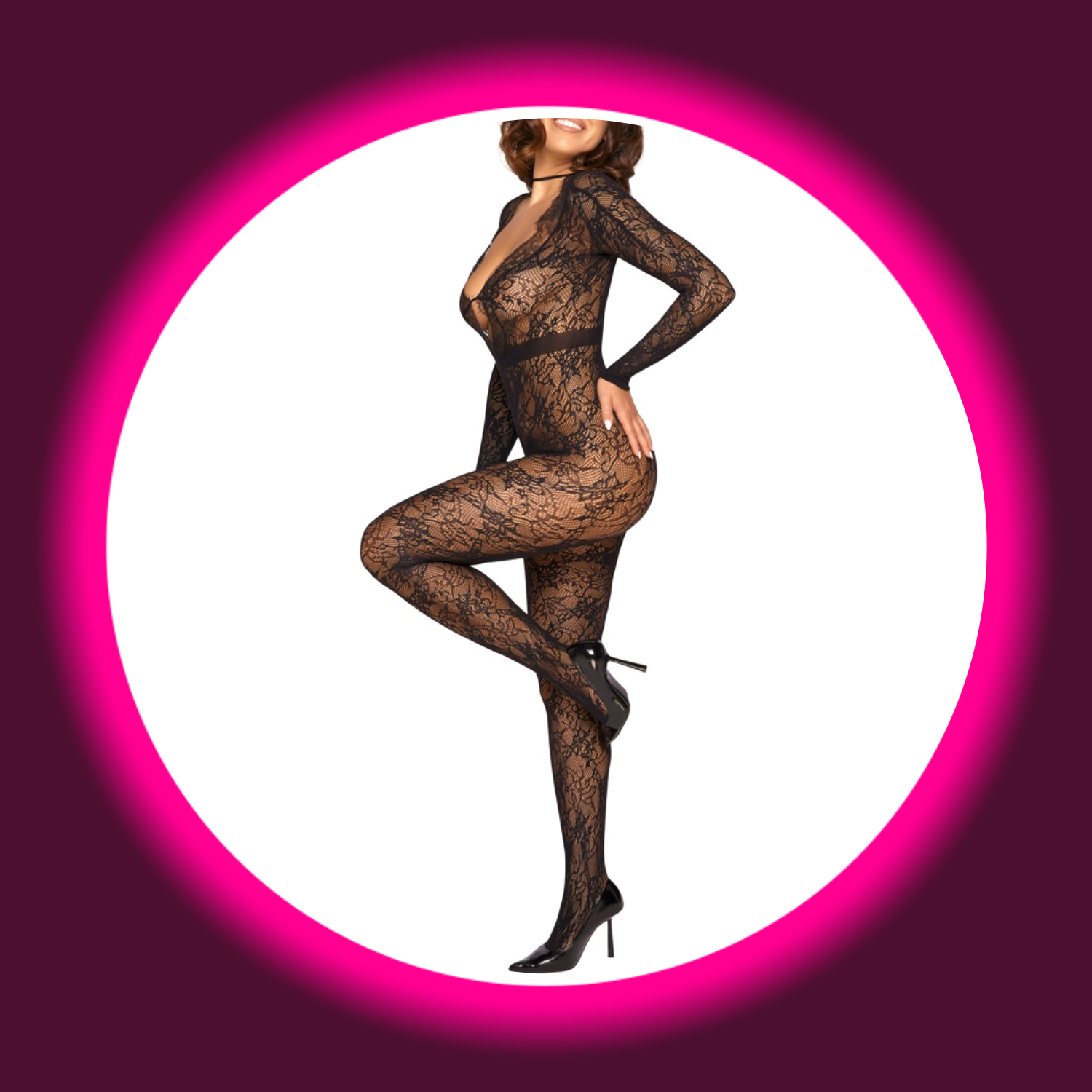 Frau in schwarzem Langarm-Netzcatsuit mit Blumenmuster, von Fantasy by Cotelli