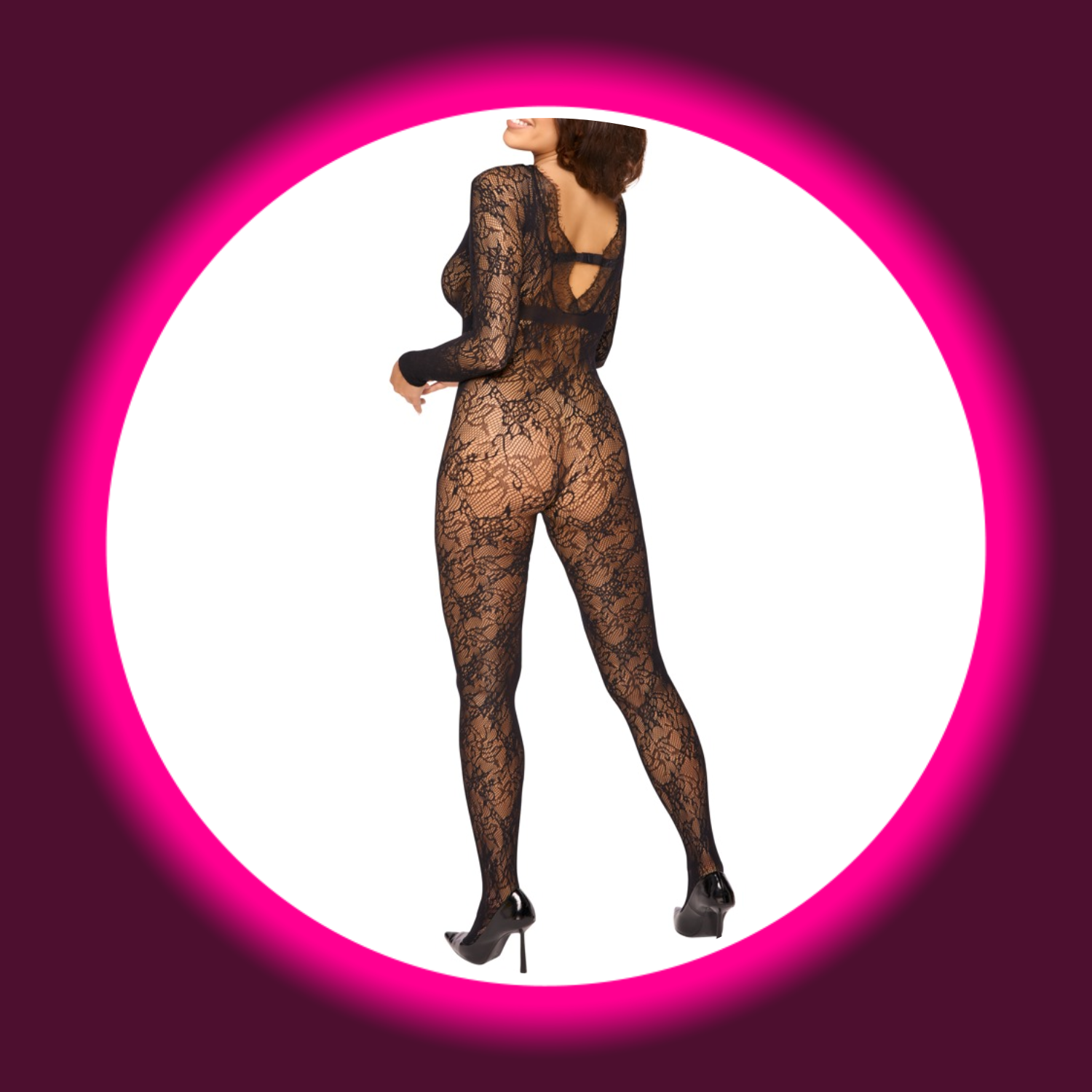 Frau in schwarzem Langarm-Netzcatsuit mit Blumenmuster, von Fantasy by Cotelli