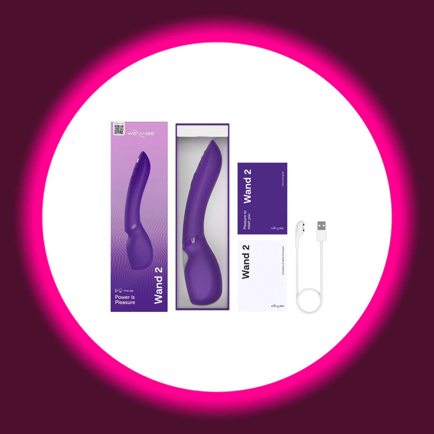 geöffnete Produktverpackung des Wand 2 Vibrators von We Vibe mit daneben liegendem USB-Ladekabel