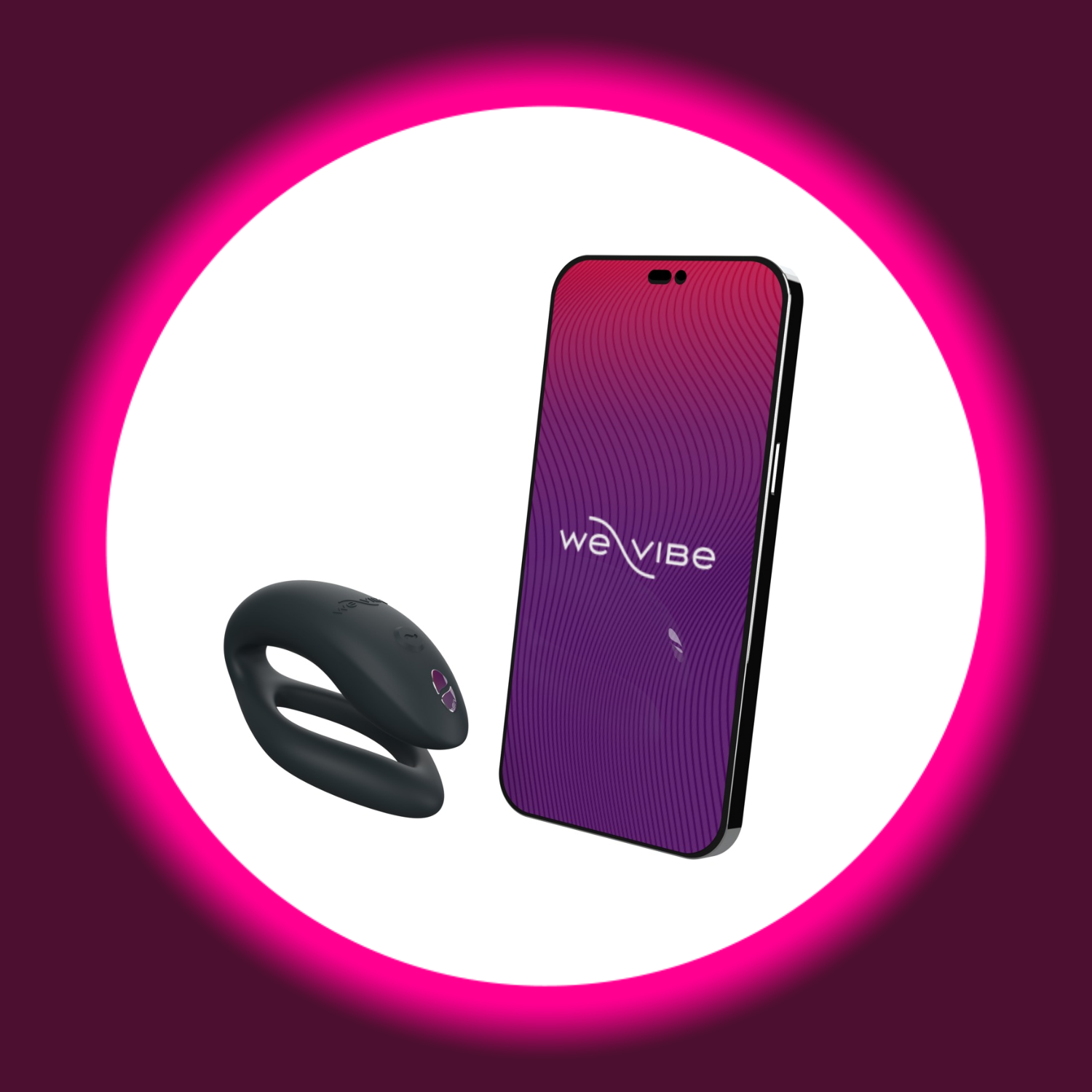 schwarzer Paarvibrator We Vibe Sync-O, daneben ein Smartphone mit We Vibe App