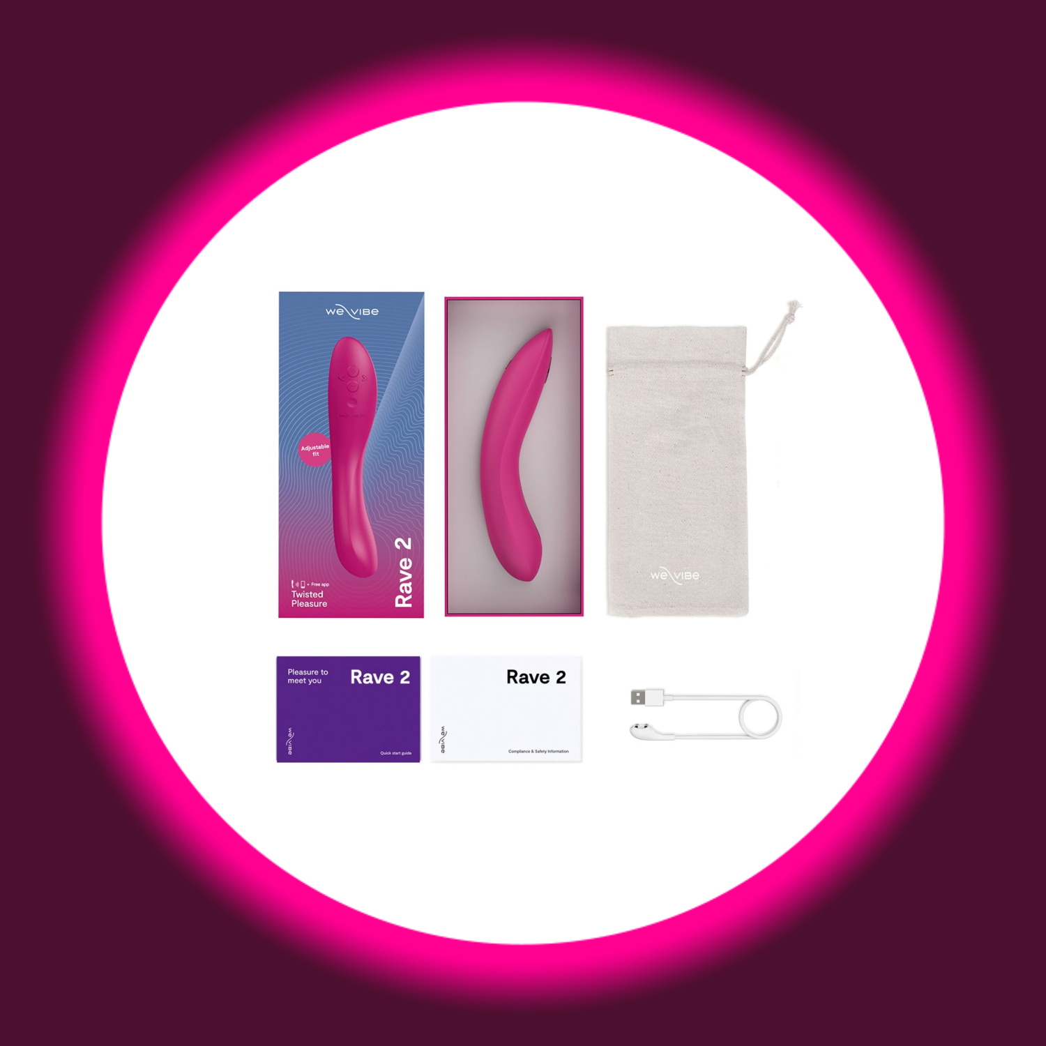 geöffnete Produktverpackung des G-Punkt Vibrators Rave 2 von We Vibe mit danebenliegendem Beutel und Zubehör