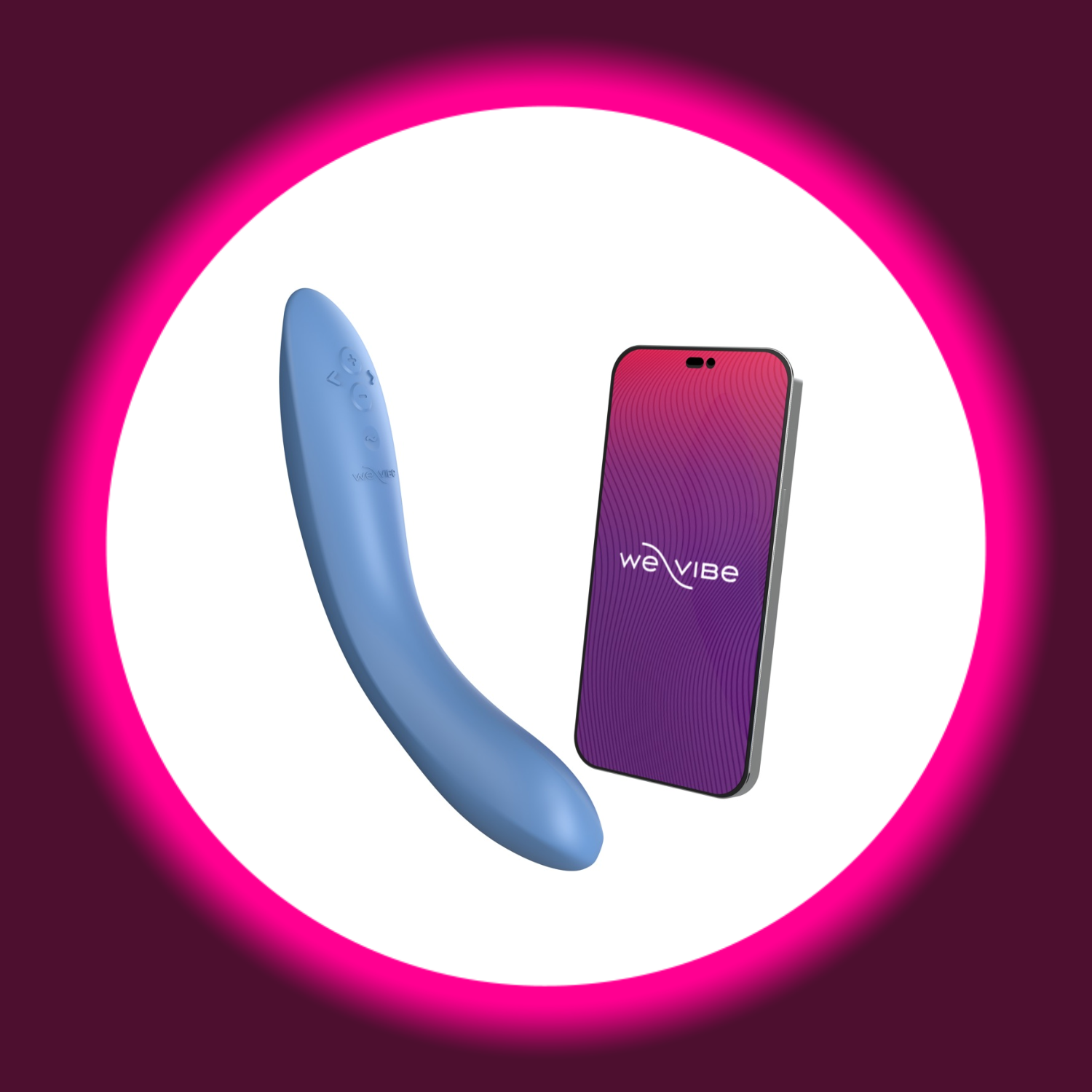 blauer appgesteuerter G-Punkt Vibrator Rave 2 von We Vibe mit daneben liegendem Smartphone