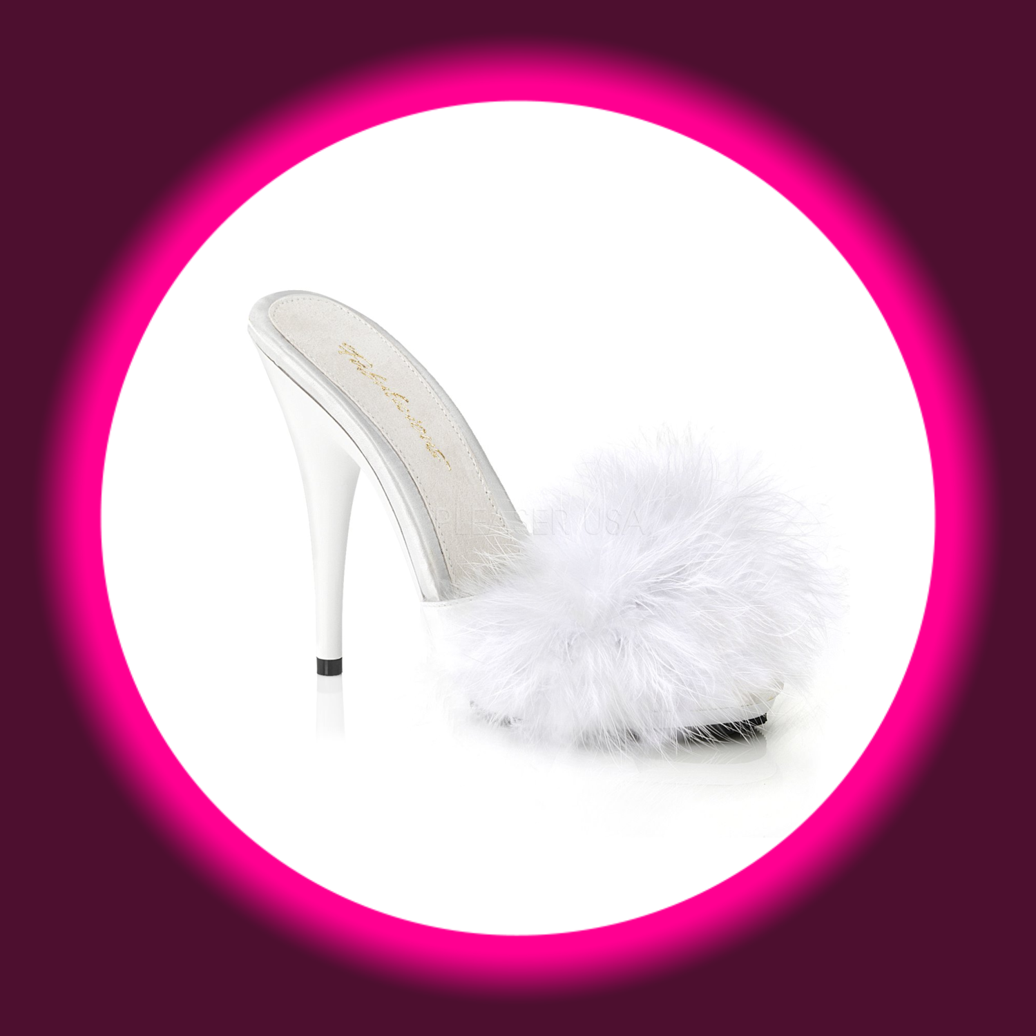 Winkelansicht weiße Pantolette mit hohem Absatz und Federn am Riemen, Fabulicious Poise 501