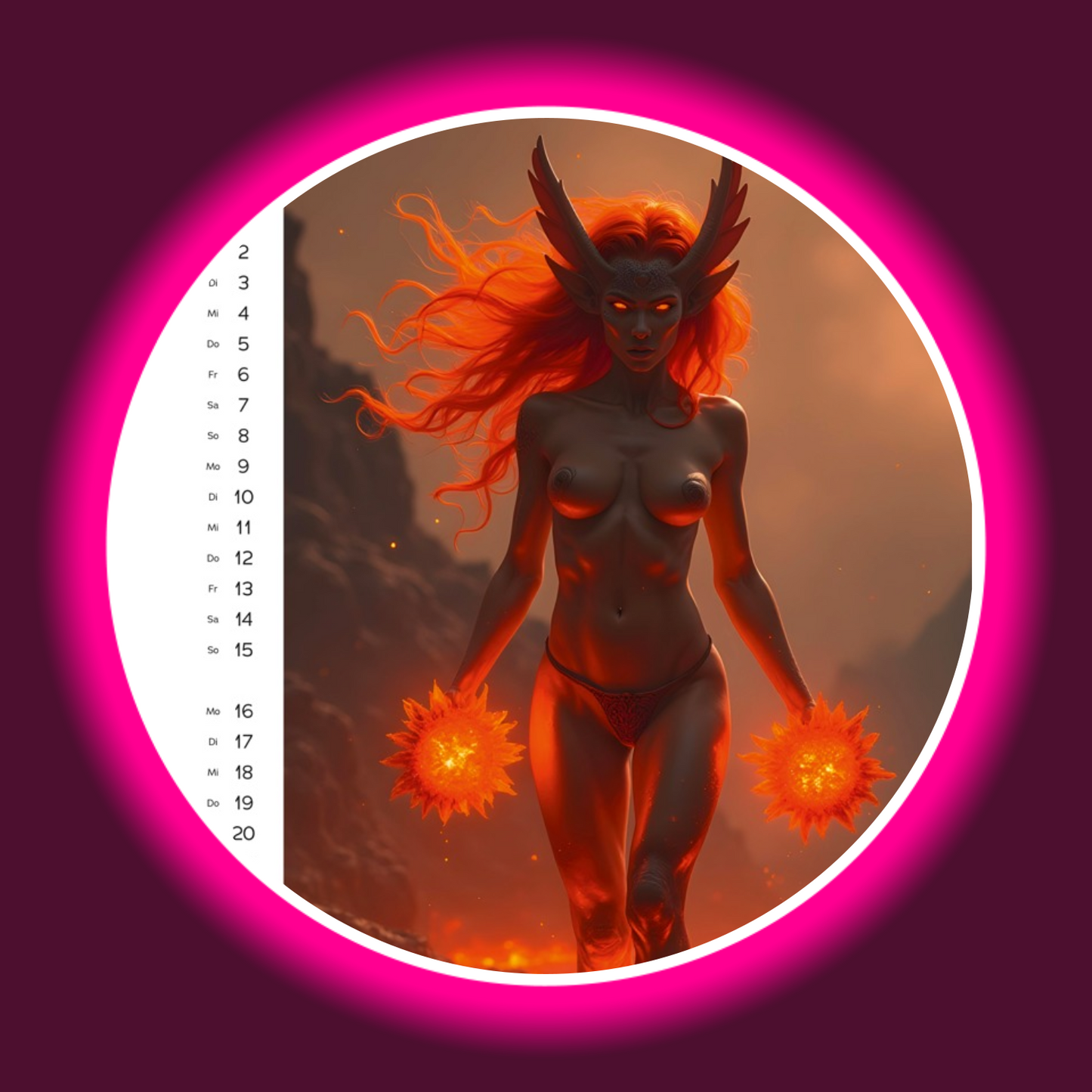 weibliche Dämonin mit zwei Feuerbällen, Pin-up Kalender