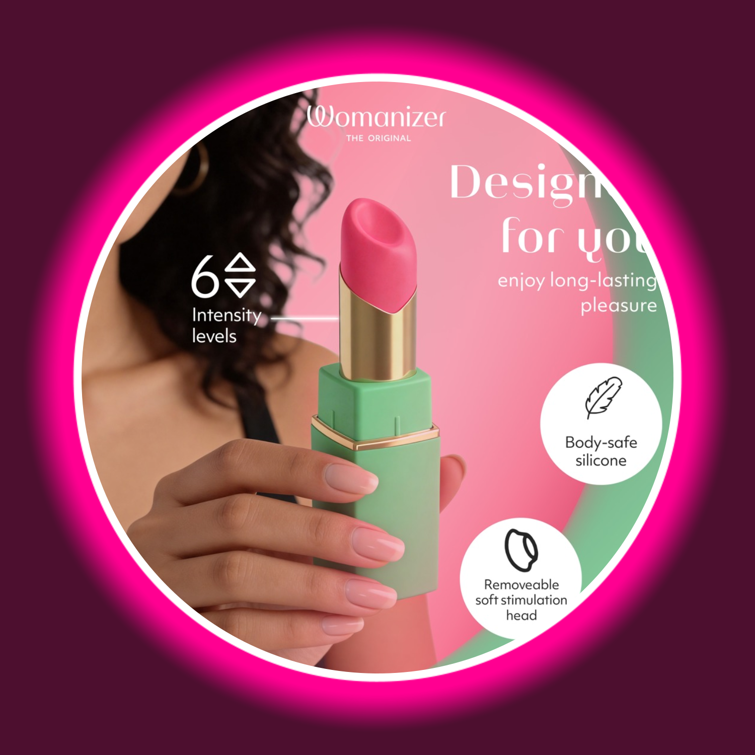 Womanizer Beauty Klitoris-Stimulator im Lippenstift-Design in der Hand gehalten – 6 Intensitätsstufen, body-safe Silikon, abnehmbarer Stimulationskopf