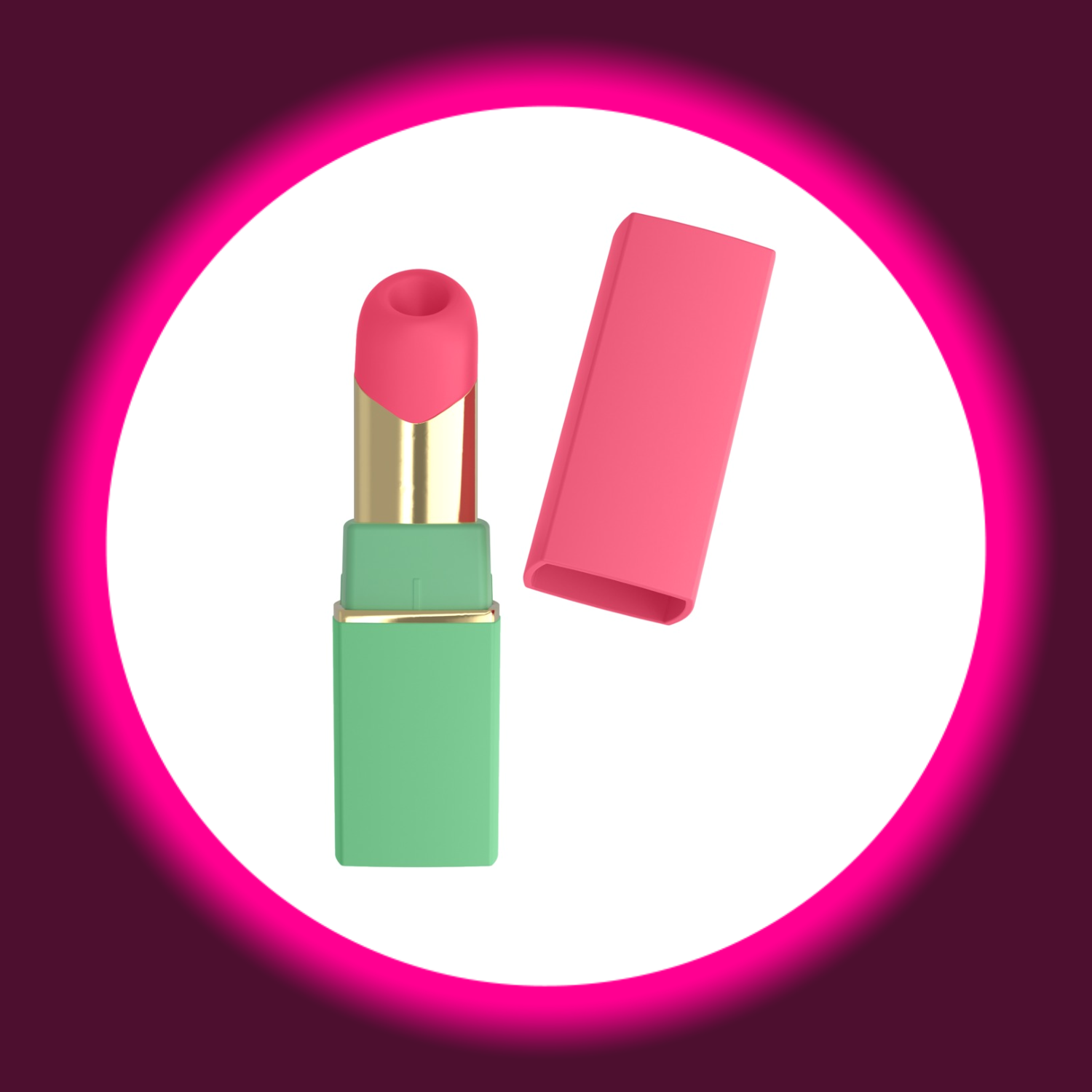 Frontansicht grüner Pulsator Beauty von Womanizer mit pinkem Aufsatz und Travel Cap