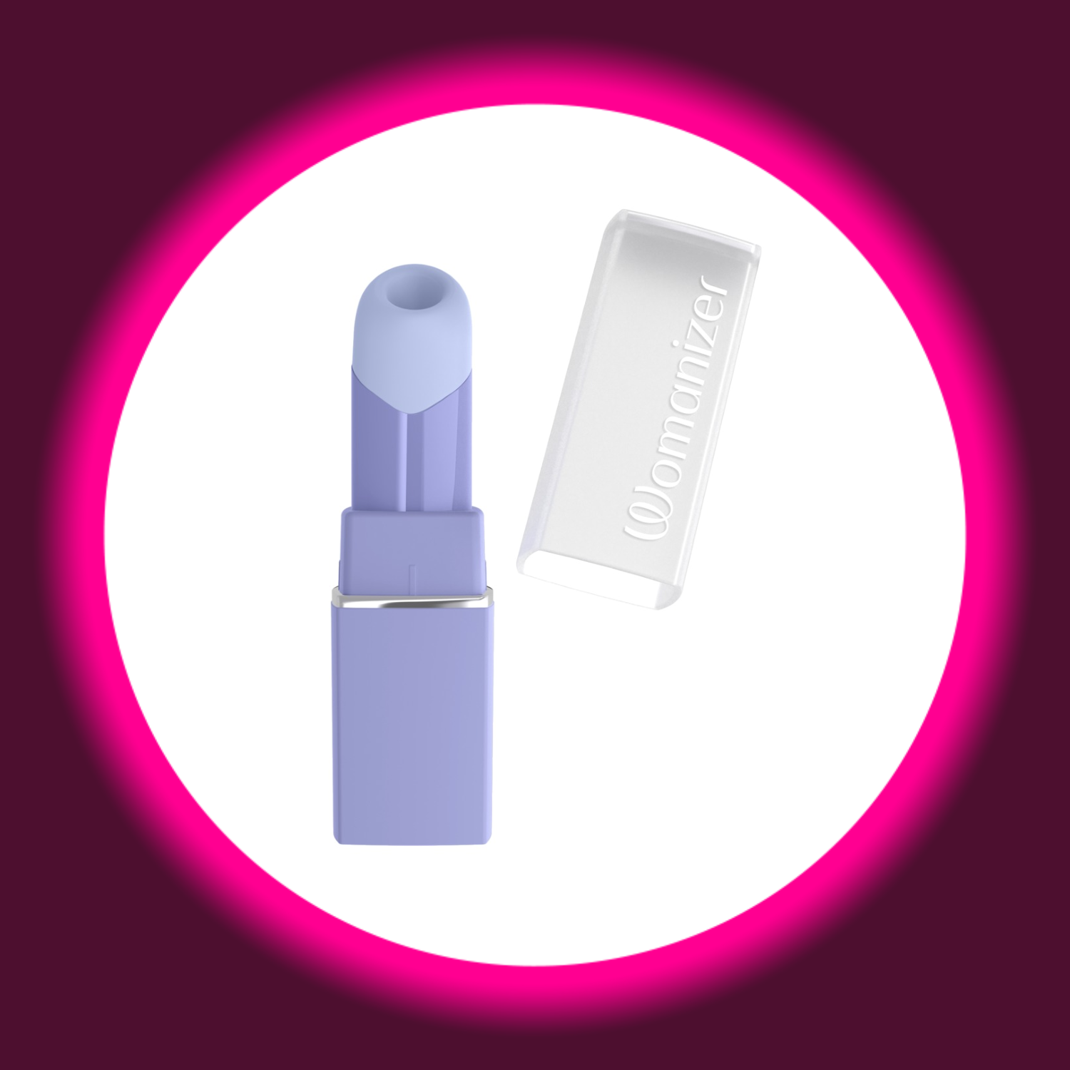 Frontansicht violetter Pulsator Beauty von Womanizer mit lila Aufsatz und Travel Cap