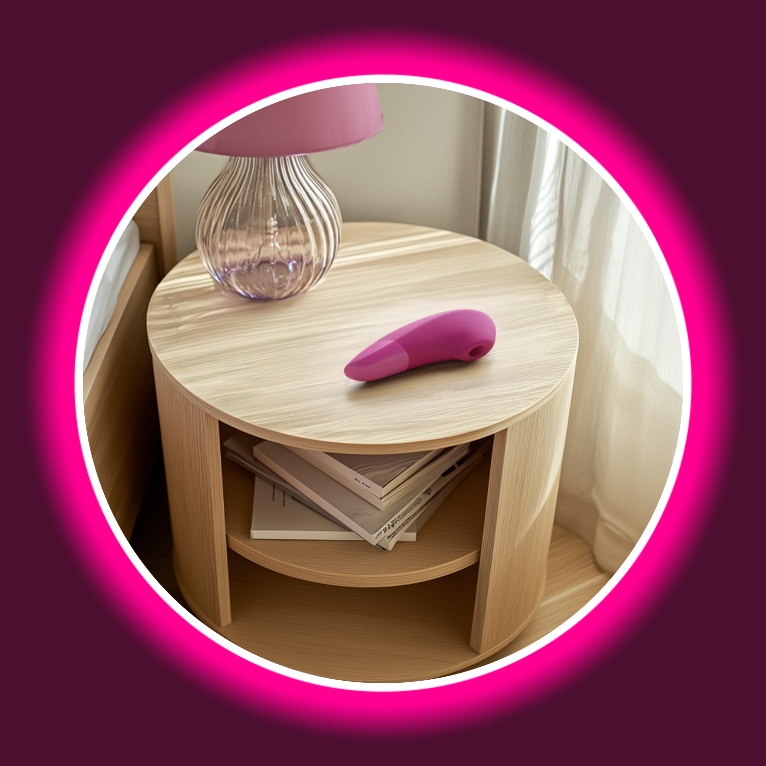 ein Nachttisch mit Stehlampe, darauf liegend ein Pulsator Womanizer Enhance