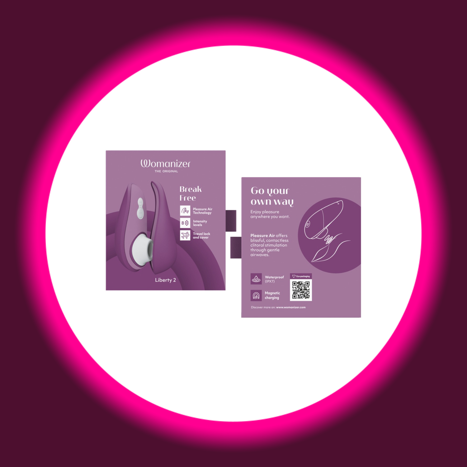 Vorder- und Rückseite der violetten Verkaufsverpackung des Womanizer Liberty 2