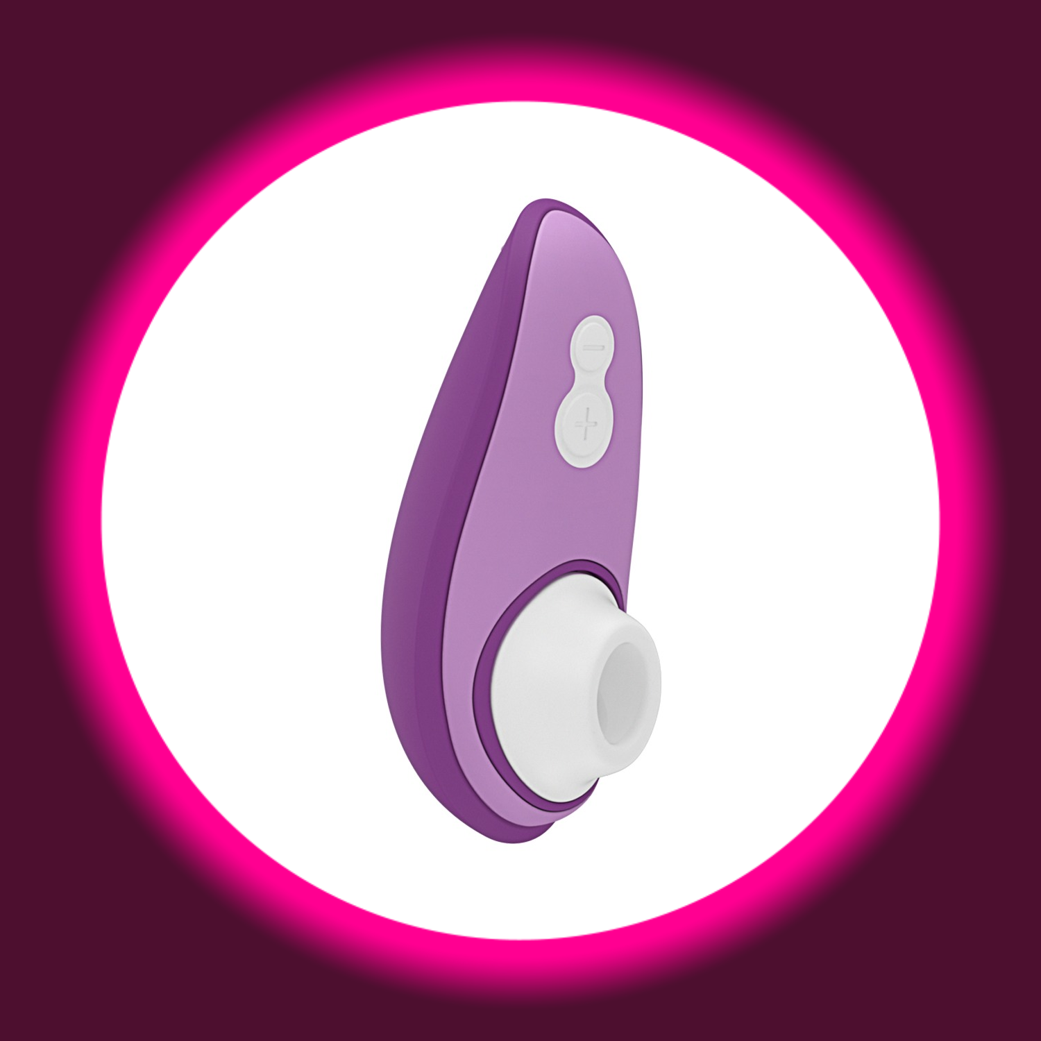 Winkelansicht auf den Womanizer Liberty 2 Pulsator in der Farbe lila auf weißem Untergrund