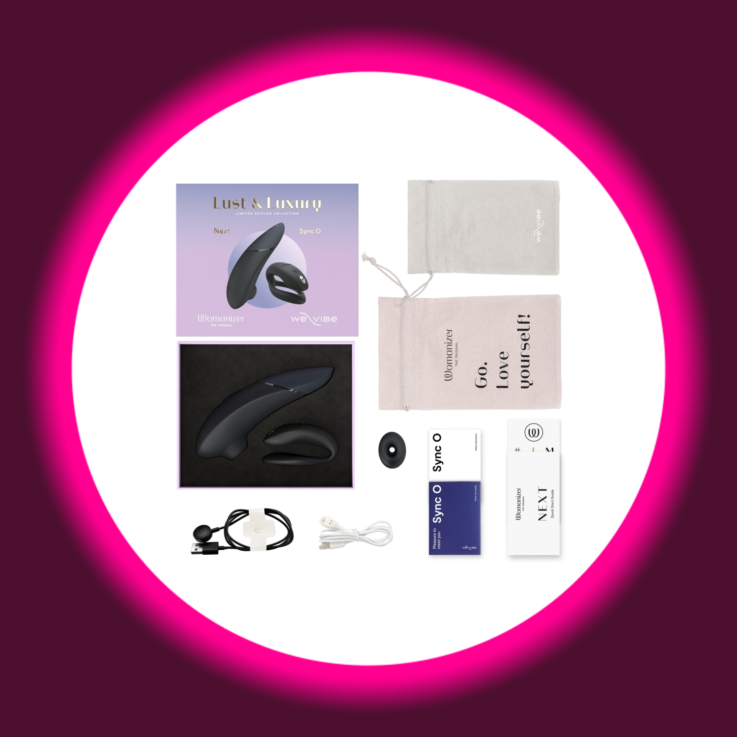 Set-Box Womanizer Lust & Luxury mit ausgebreitetem Zubehör